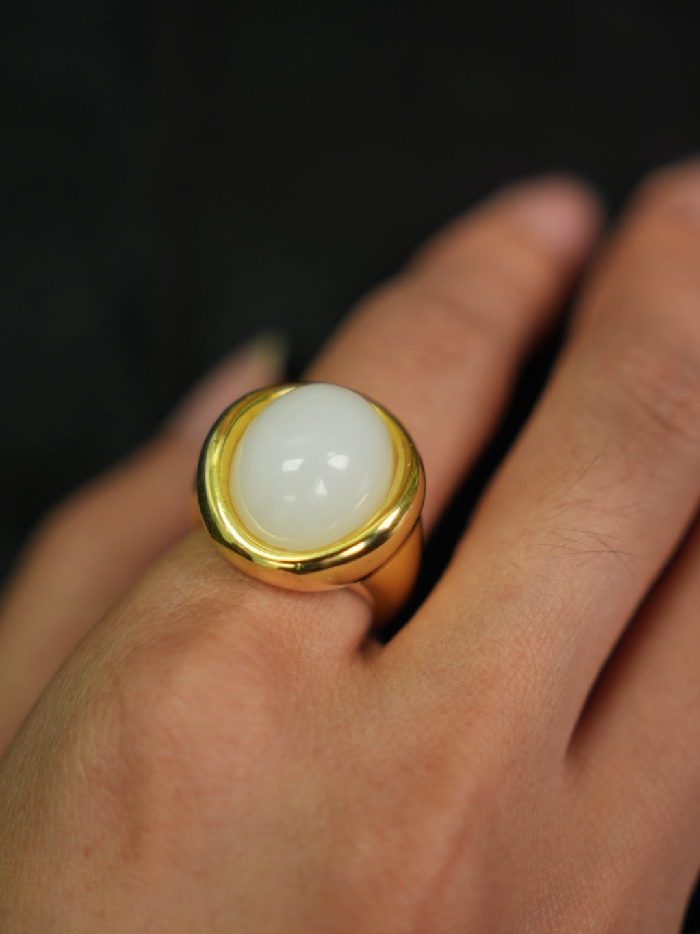 P2609002911 white Hetian nephrite jade ring in a gold-tone silver setting