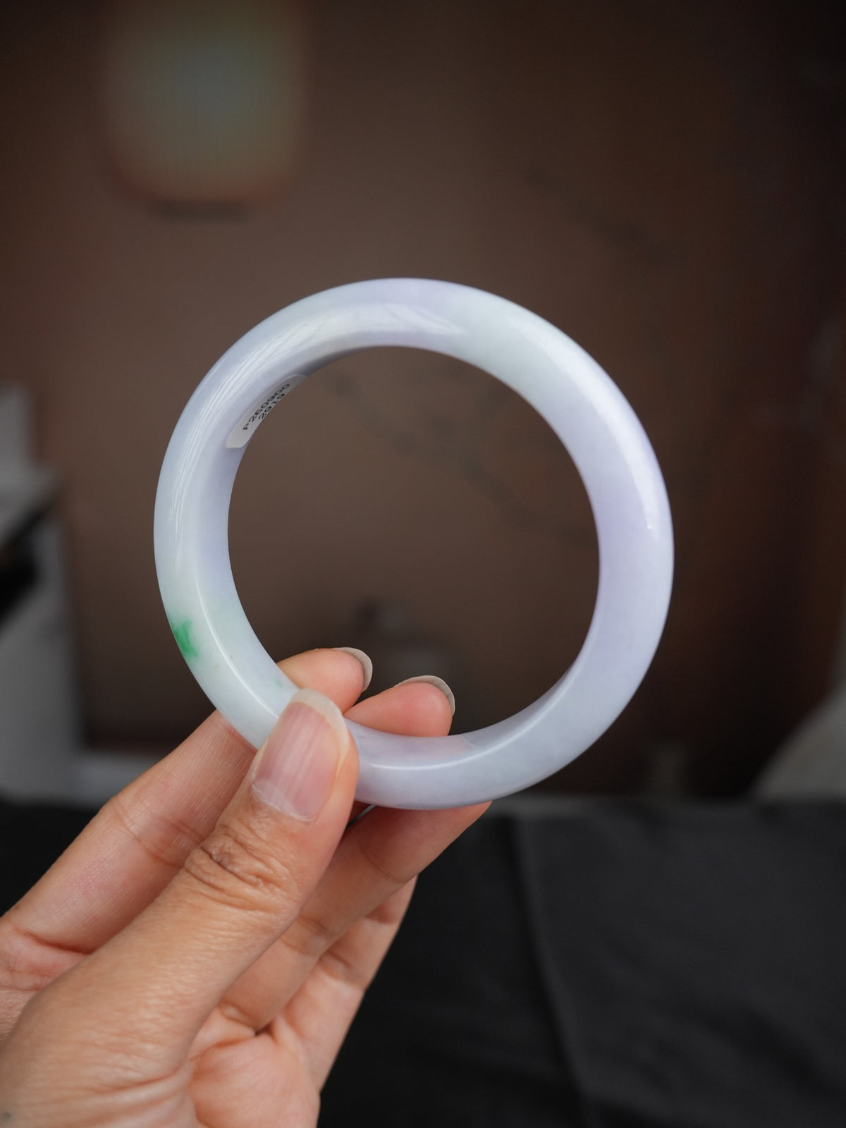 Pale lavender Type A jadeite bangle with green accent, view 3