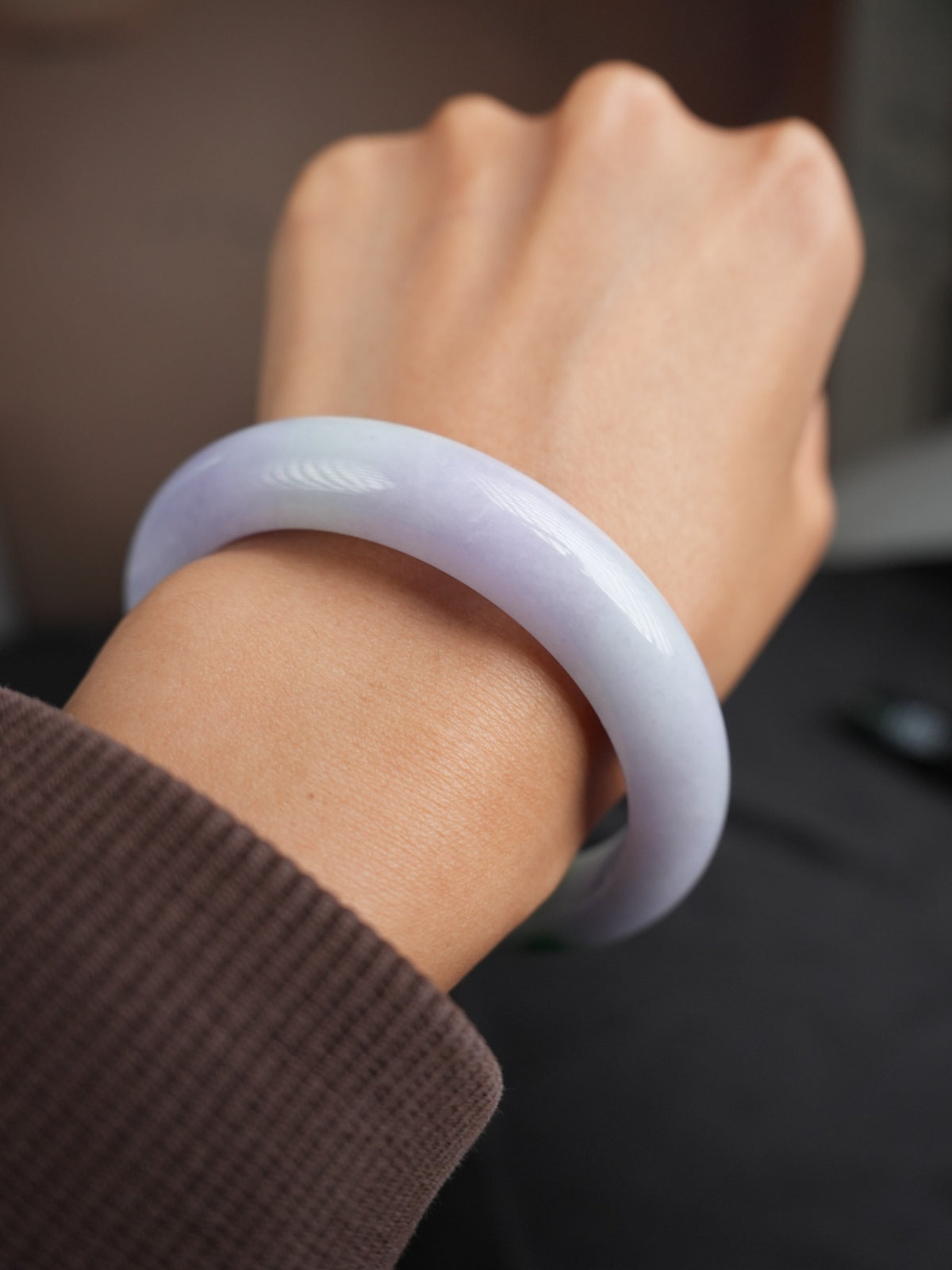Pale lavender Type A jadeite bangle with green accent, view 8