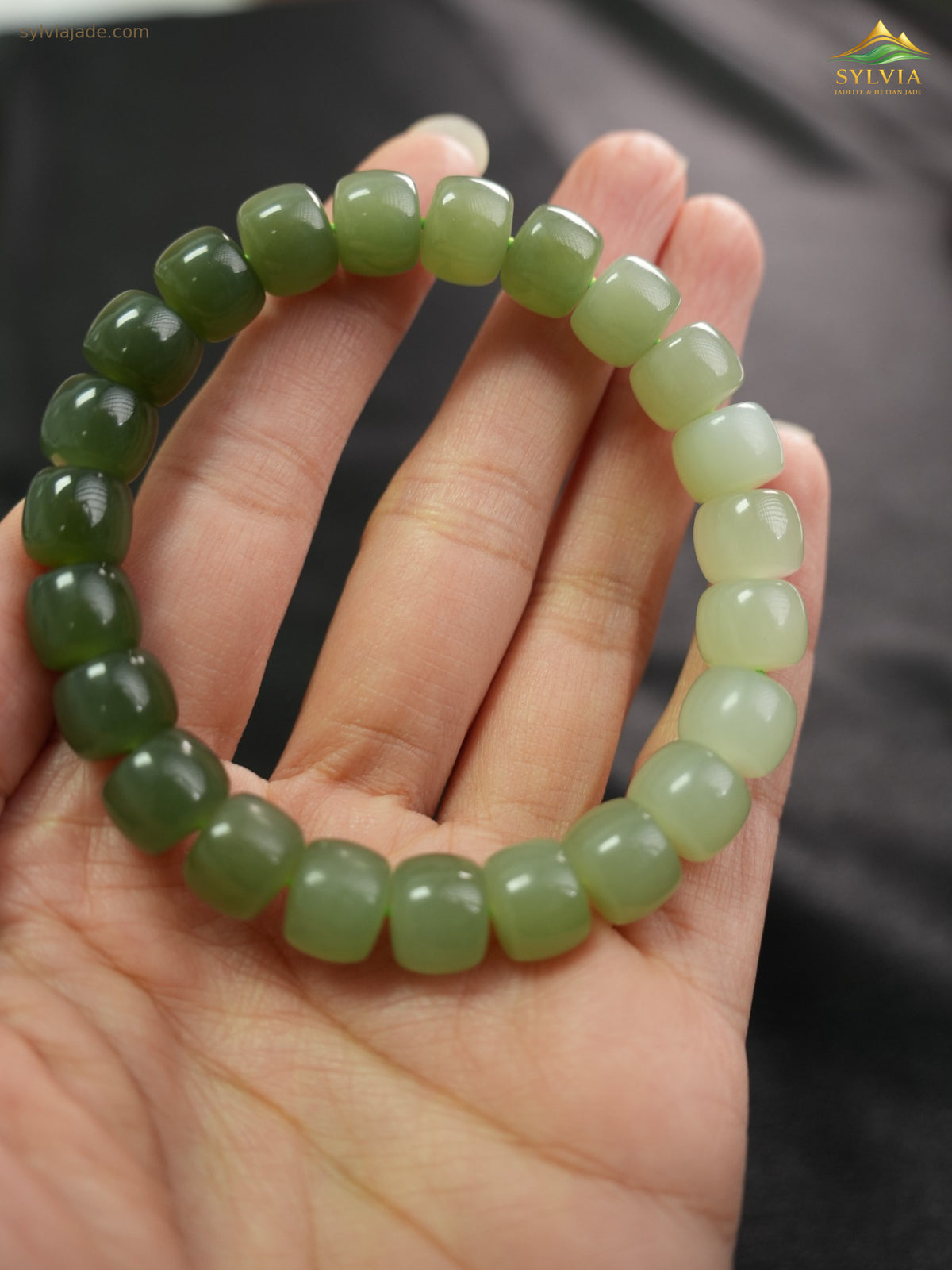Green gradient Hetian nephrite jade barrel-bead bracelet XJZZ26092801535, DSC00658