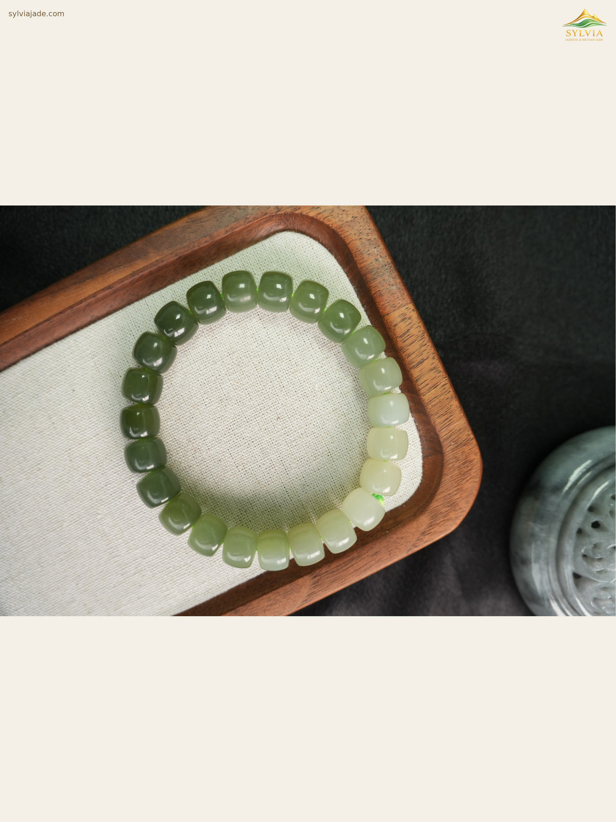 Green gradient Hetian nephrite jade barrel-bead bracelet XJZZ26092801535, DSC00659