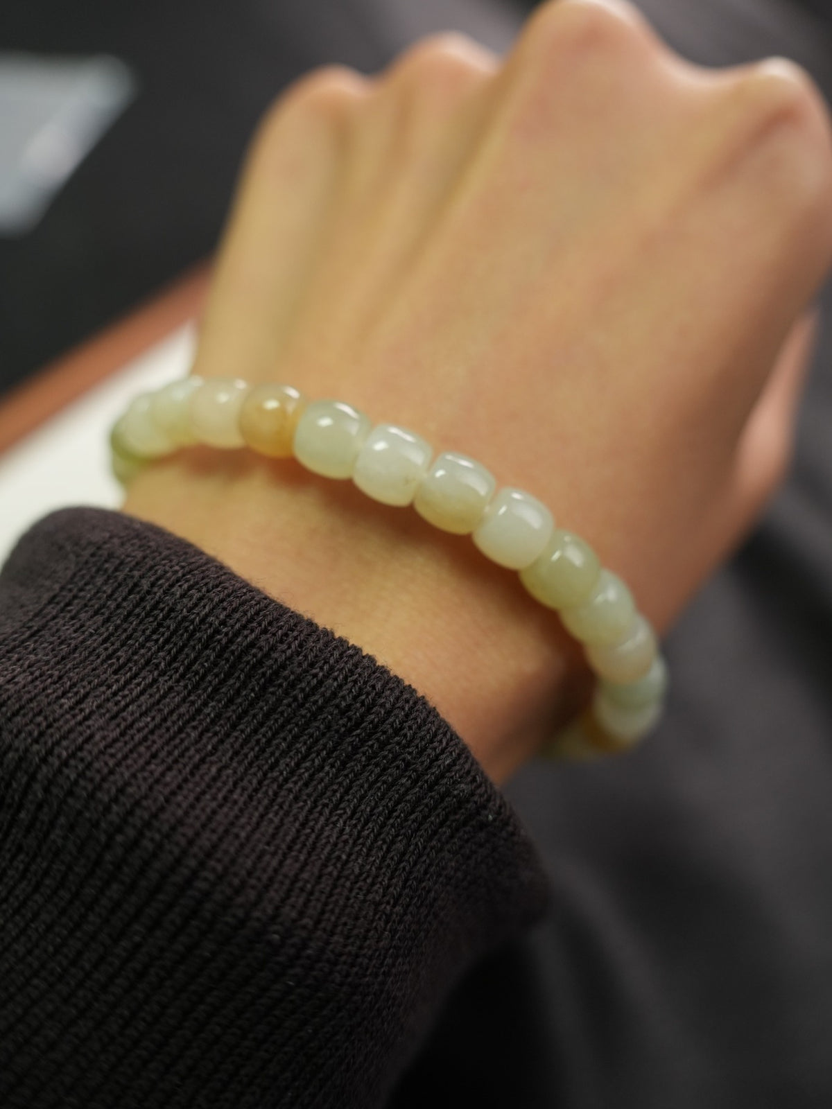 Pale yellow-green Hetian nephrite jade barrel bead bracelet XJZZ26092801554, view 649