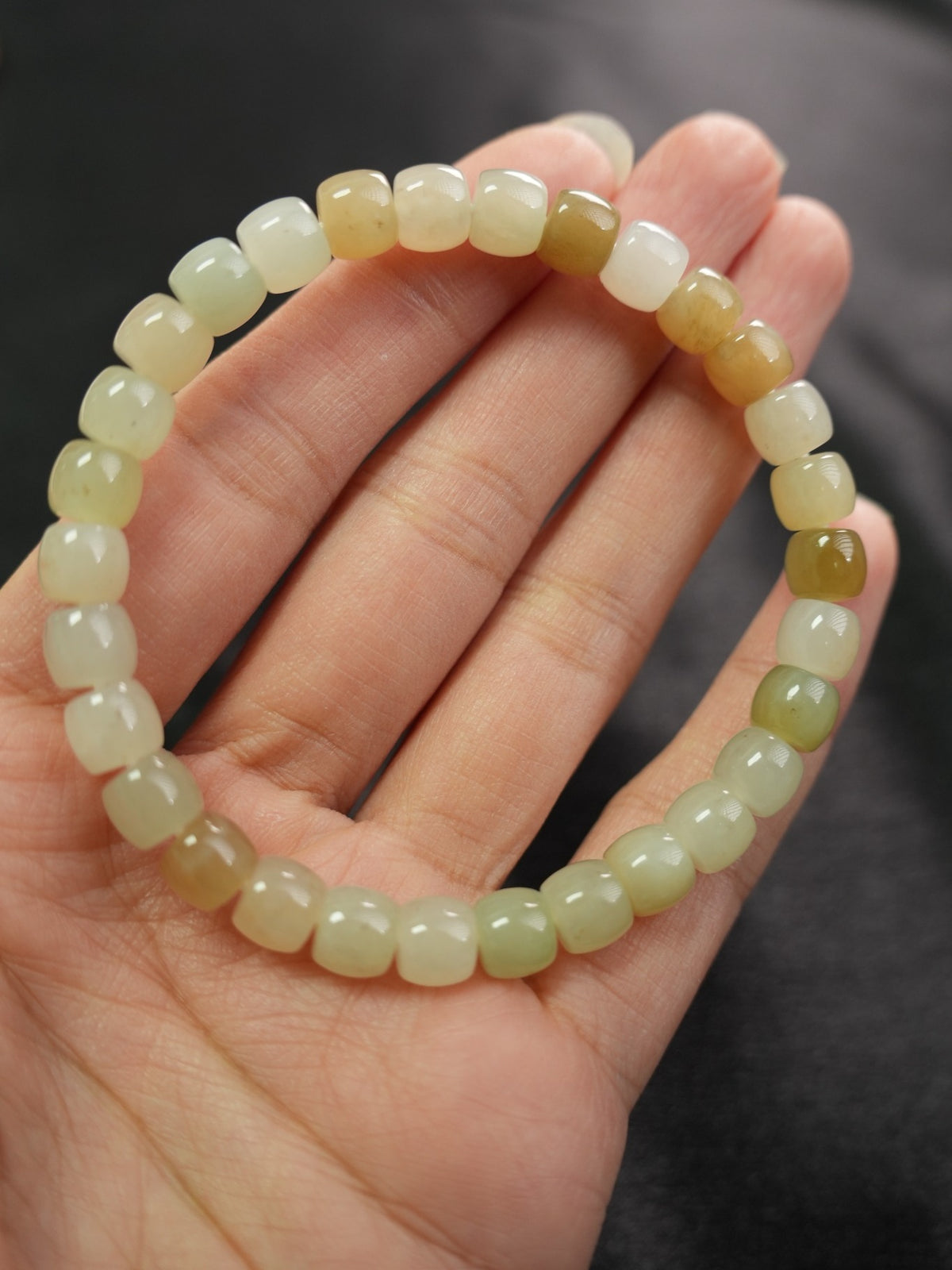Pale yellow-green Hetian nephrite jade barrel bead bracelet XJZZ26092801554, view 650