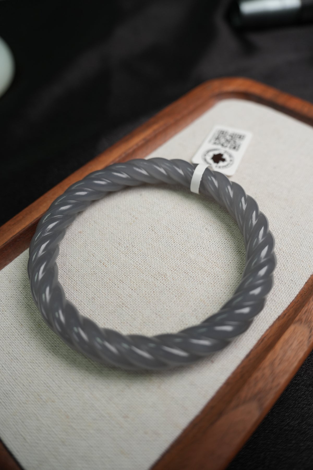 58 mm smoky lavender rope-carved Hetian nephrite jade bangle B12609024866, actual-piece detail view