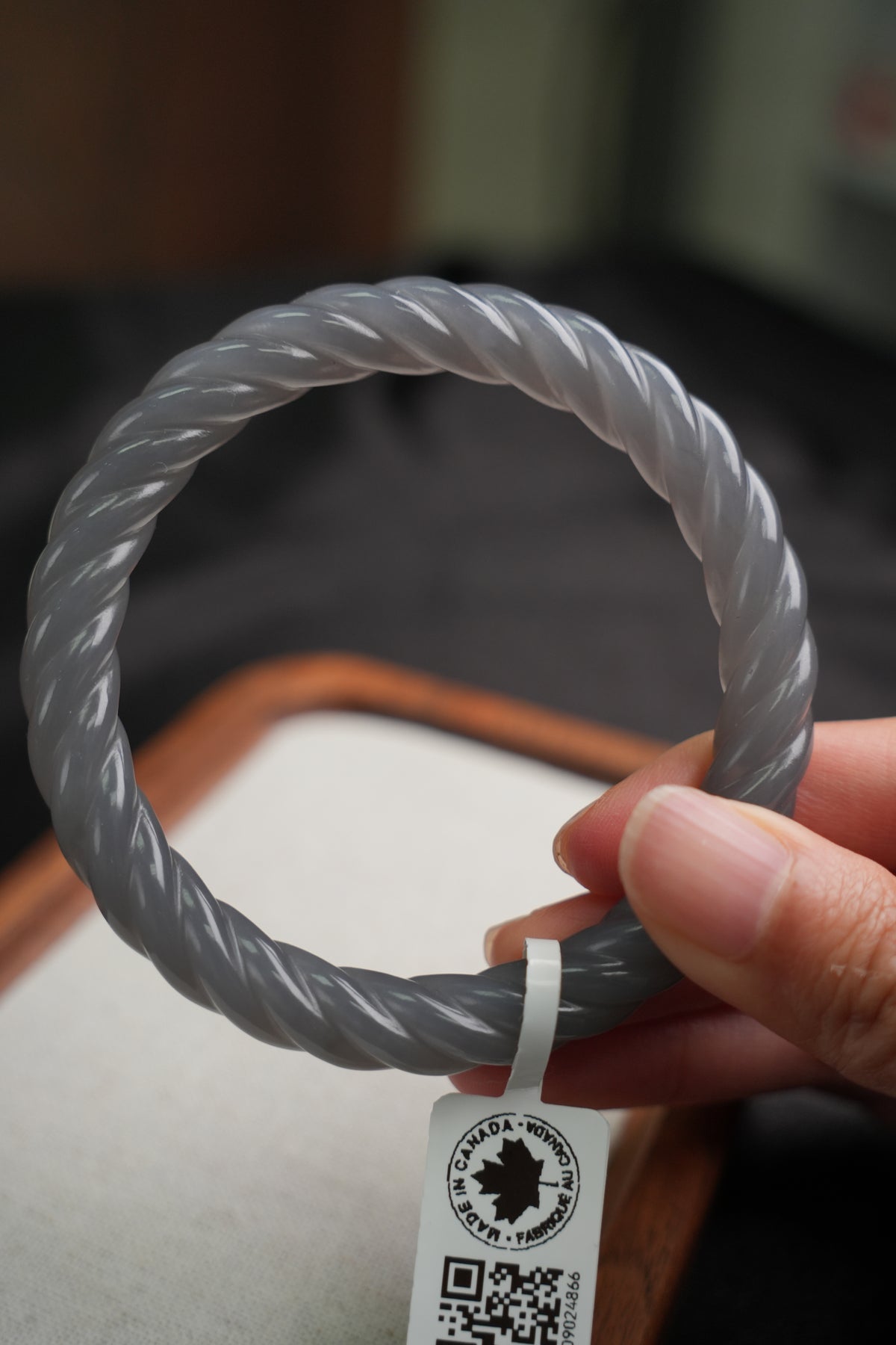 58 mm smoky lavender rope-carved Hetian nephrite jade bangle B12609024866, actual-piece detail view