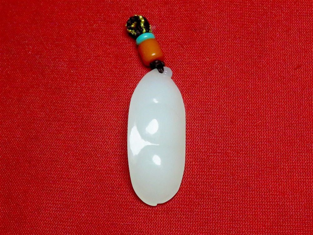 White Hetian nephrite jade pea pod pendant with colourful cord accents