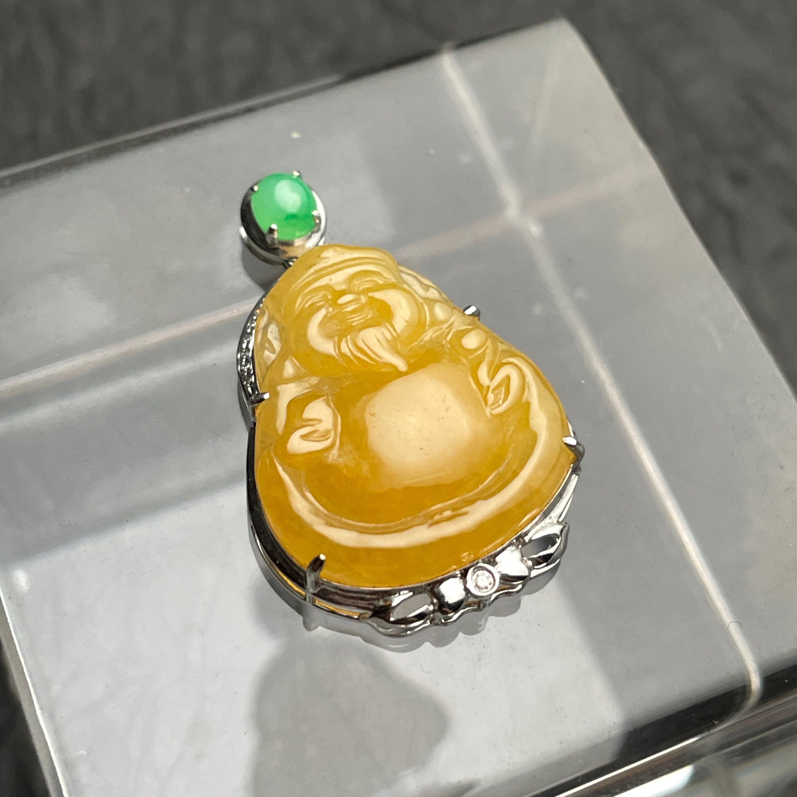 Amber Joy – Golden Jadeite Laughing Buddha Pendant