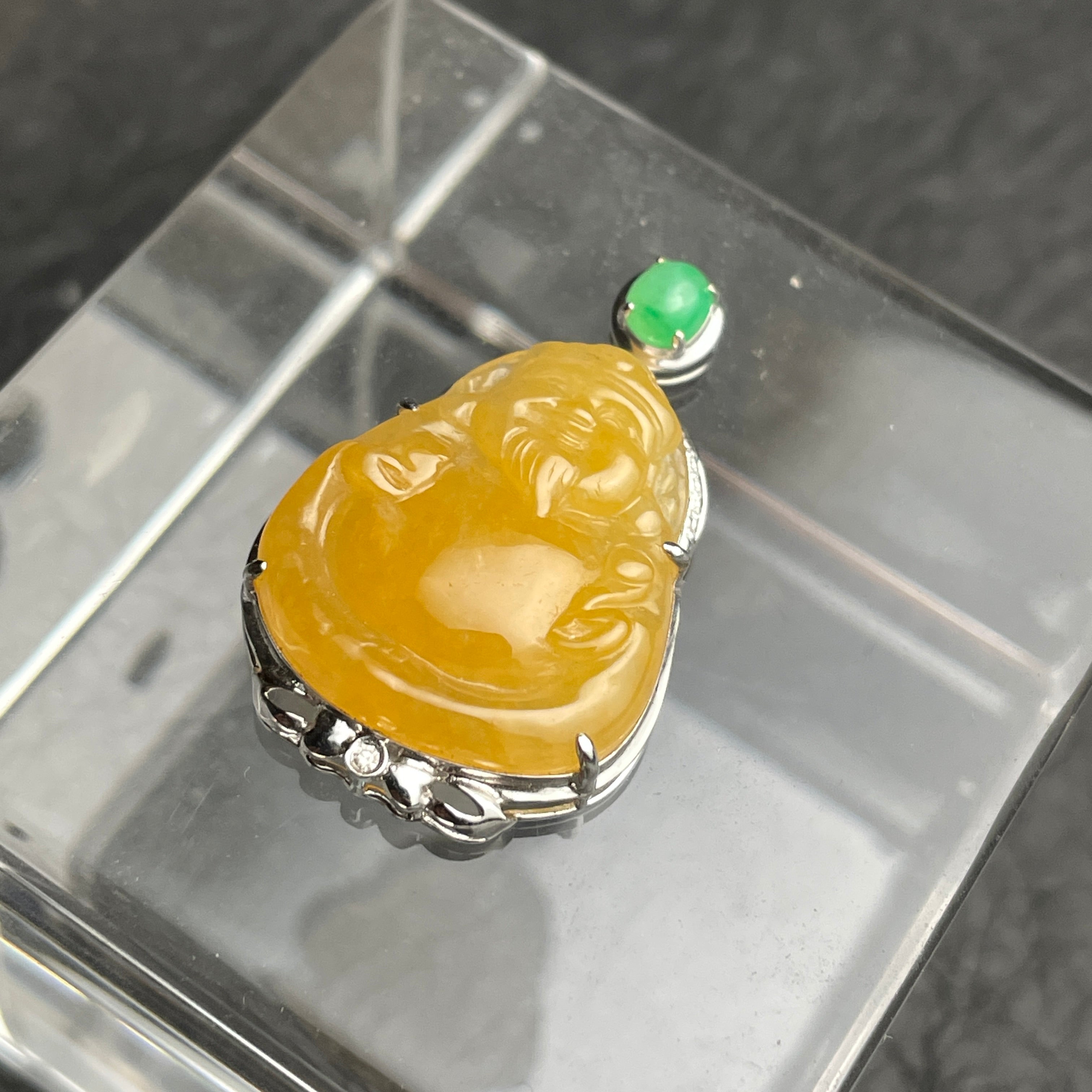 Amber Joy – Golden Jadeite Laughing Buddha Pendant