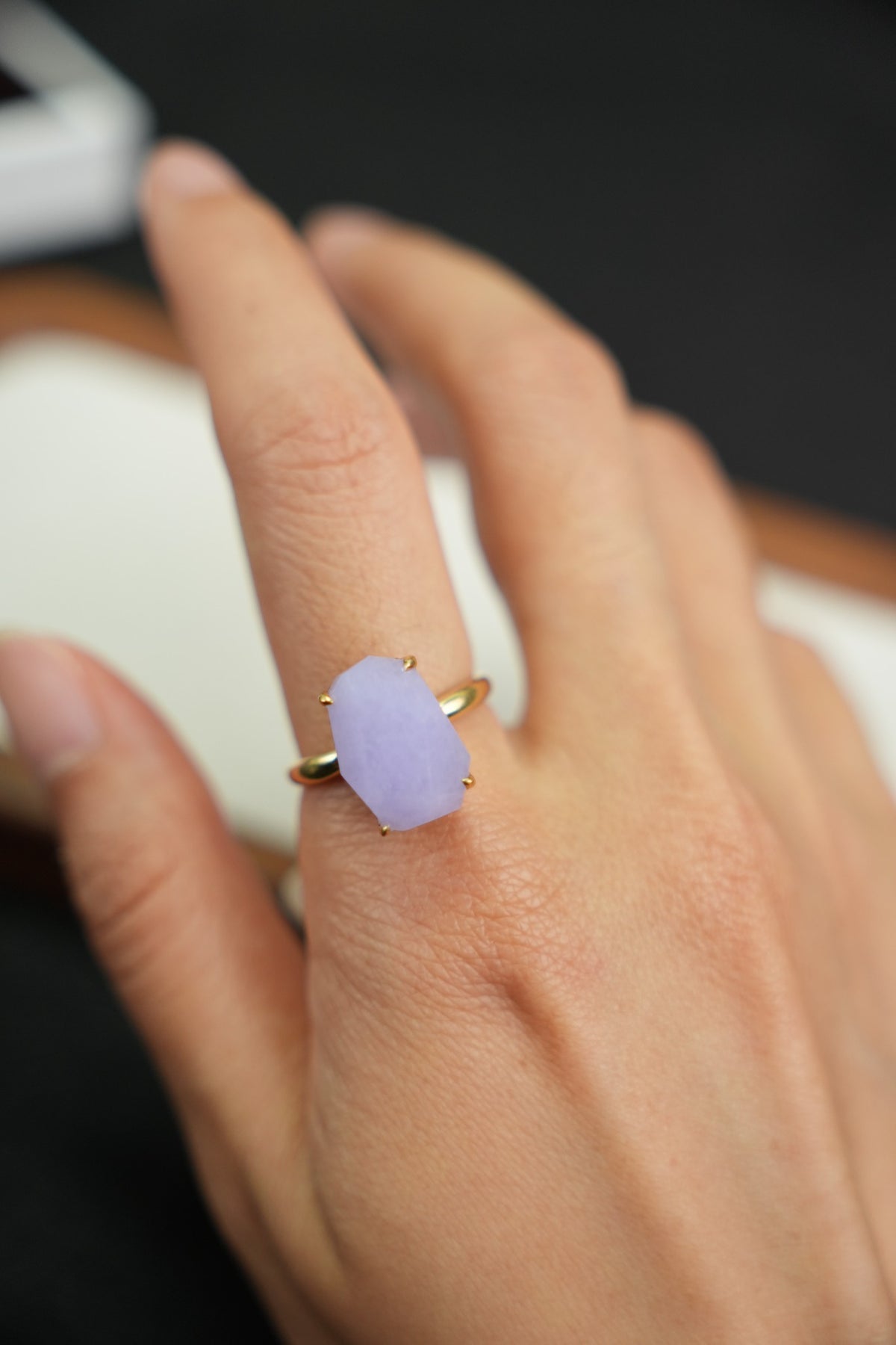 Lavender freeform jadeite ring in 18K gold, actual piece ZGD202510170279