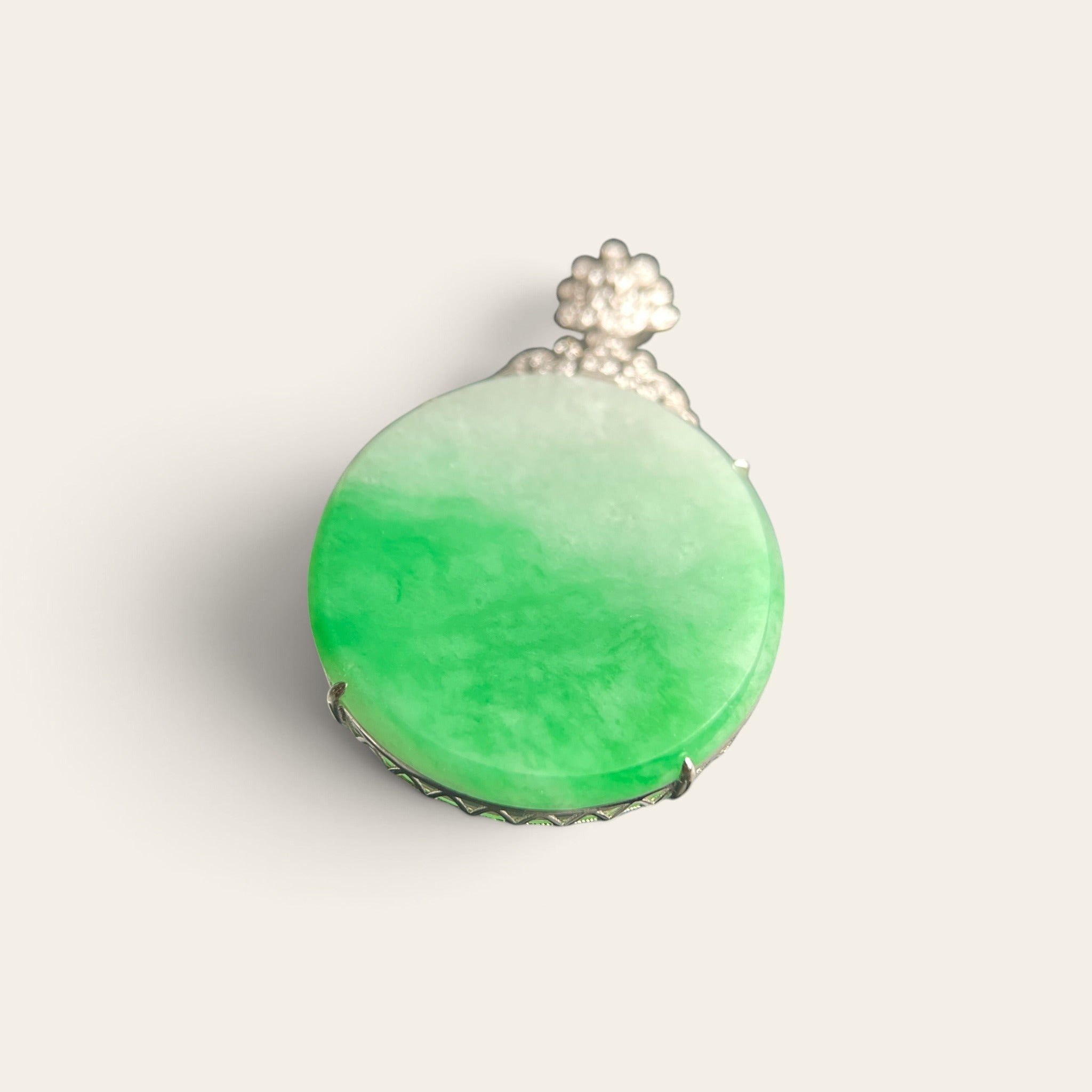 Natural bright green jadeite jade pendant plaque set in 18K gold