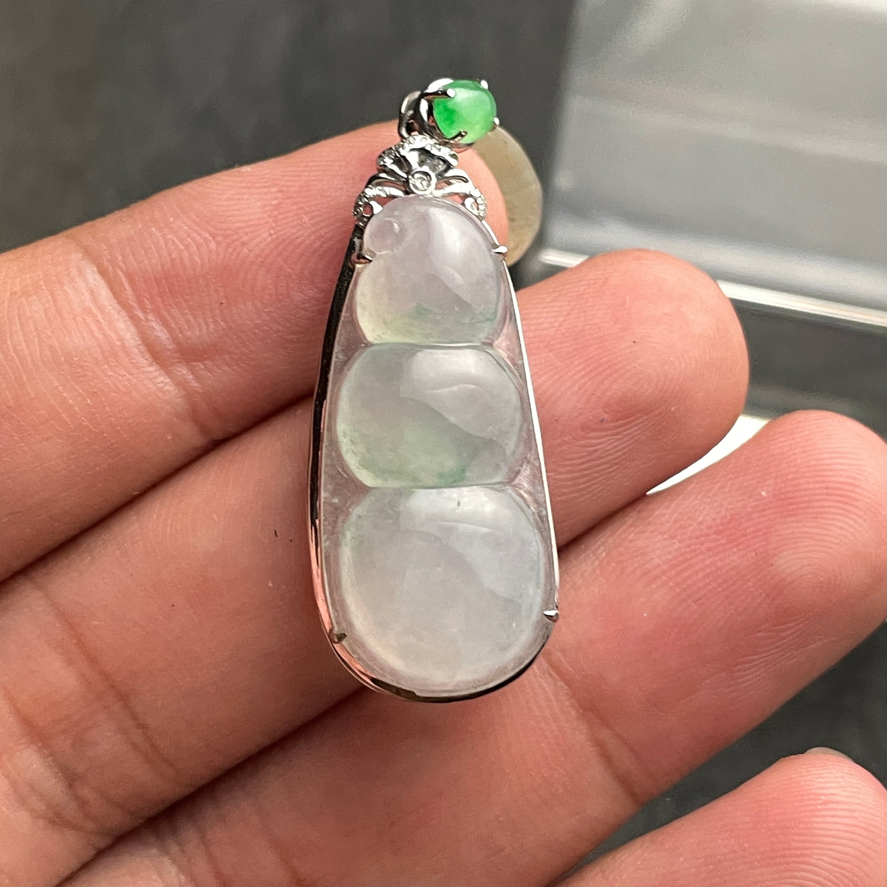 Dew Harvest – Pale Green Jadeite Pea Pod Pendant