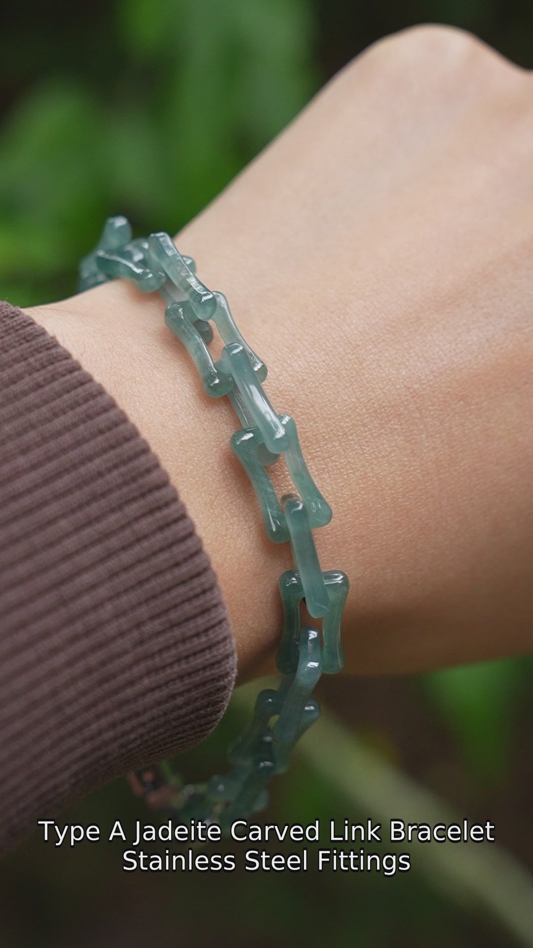 P2609001915 Type A jadeite carved link bracelet with stainless steel fittings — actual wrist video with English captions