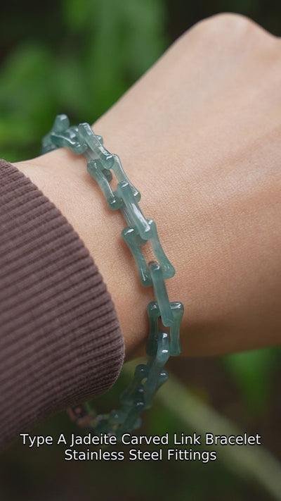 P2609001915 Type A jadeite carved link bracelet with stainless steel fittings — actual wrist video with English captions