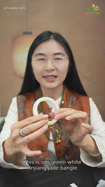 Green-white Hetian nephrite jade bangle B12609024874; narration with English subtitles, piano music, worn angles and full-bangle close-up