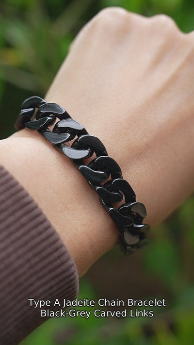 P2609001921 Type A jadeite chain bracelet — wrist view, carved links and stainless steel clasp