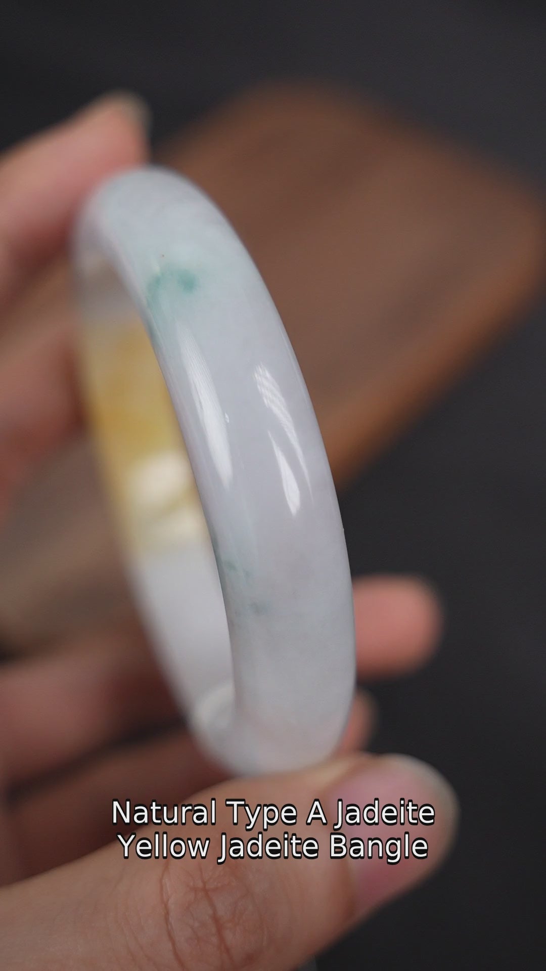 P2509036069 yellow Type A jadeite bangle, 60.5 mm — actual product with English captions