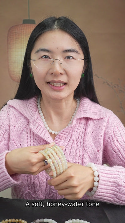 B12609024881 Hetian nephrite jade bracelet — product explanation and layered styling with English subtitles