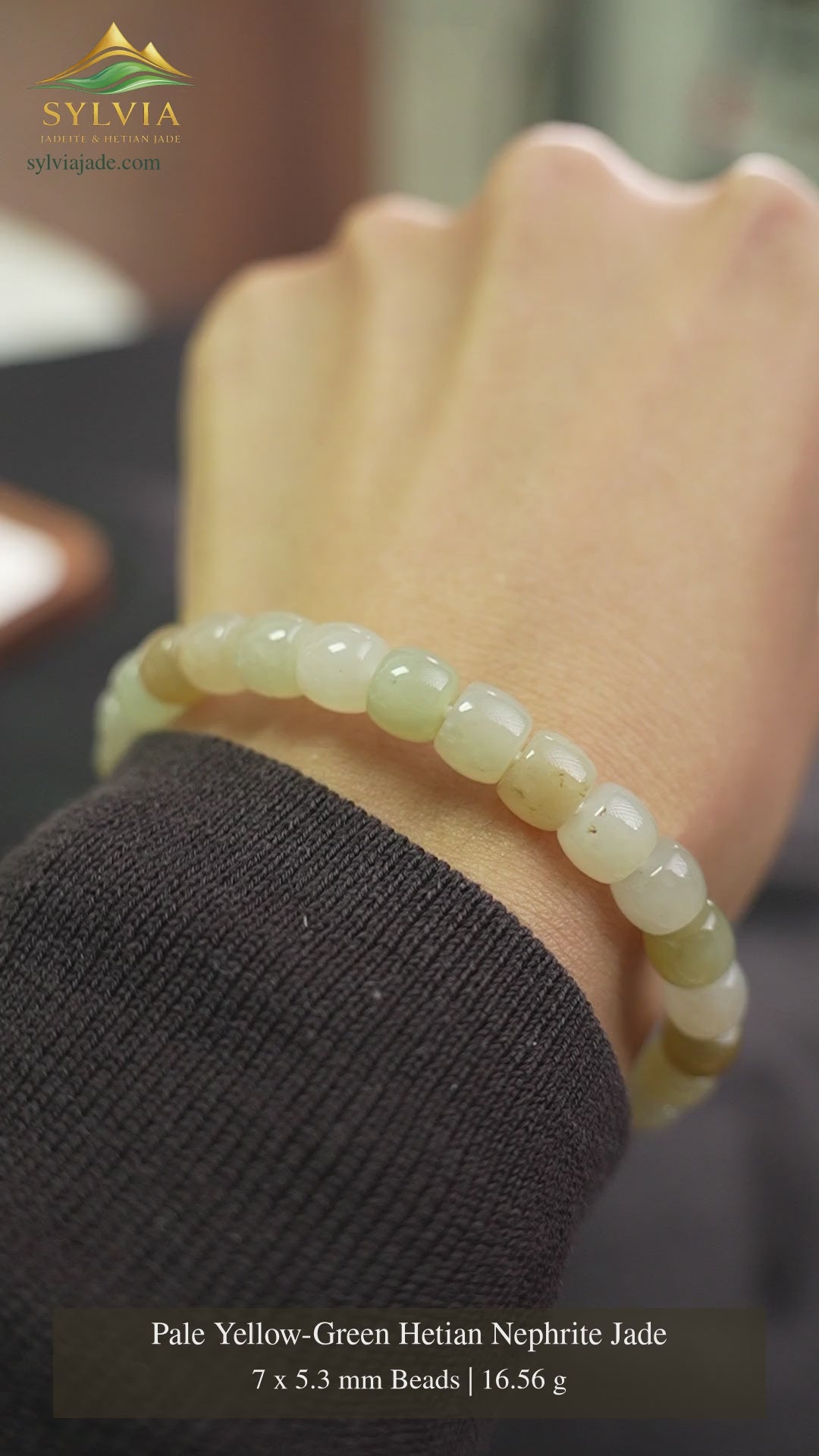 Pale yellow-green Hetian nephrite jade barrel bead bracelet XJZZ26092801554. Full original frame, SylviaJade logo and English captions. Piano performed by Olga Gurevich.