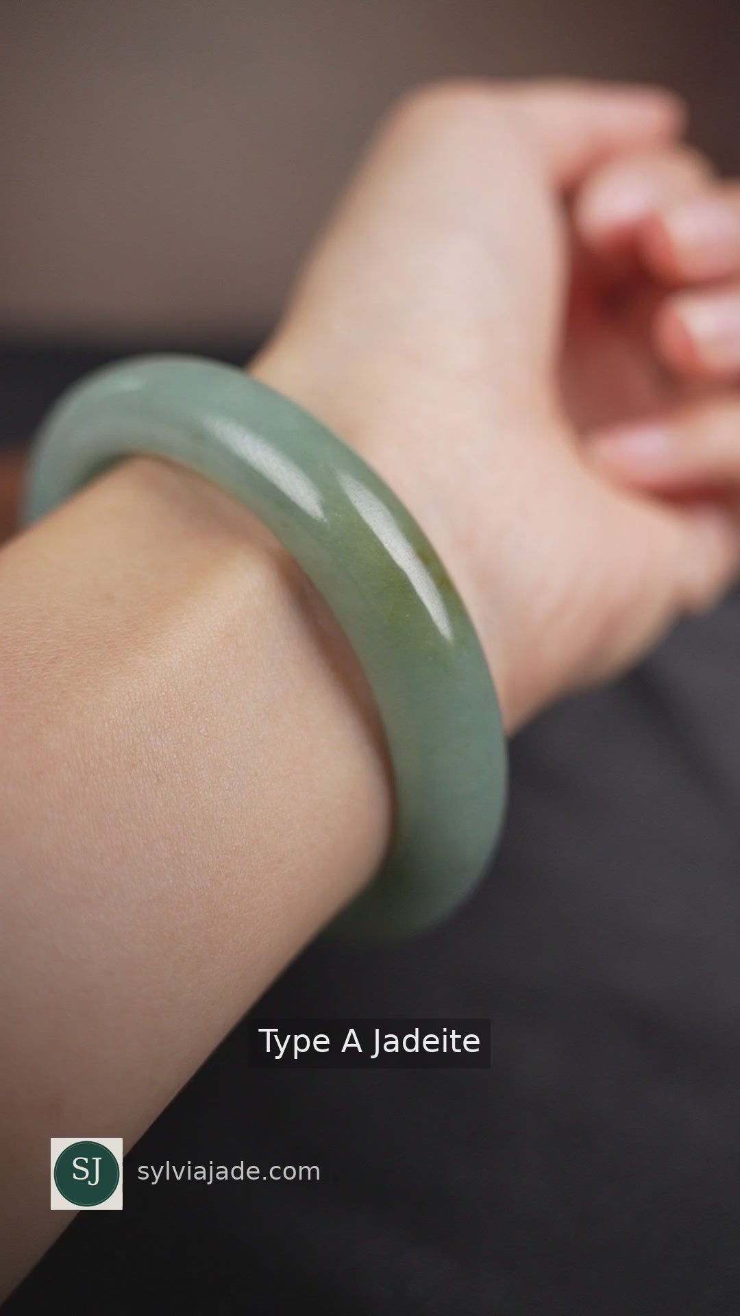 P2603021044 Type A jadeite bangle on wrist with English captions, SJ logo and sylviajade.com watermark