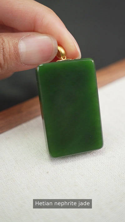 Correct B12609024911 green Hetian nephrite jade pendant with gold-tone bail, English captions and piano music