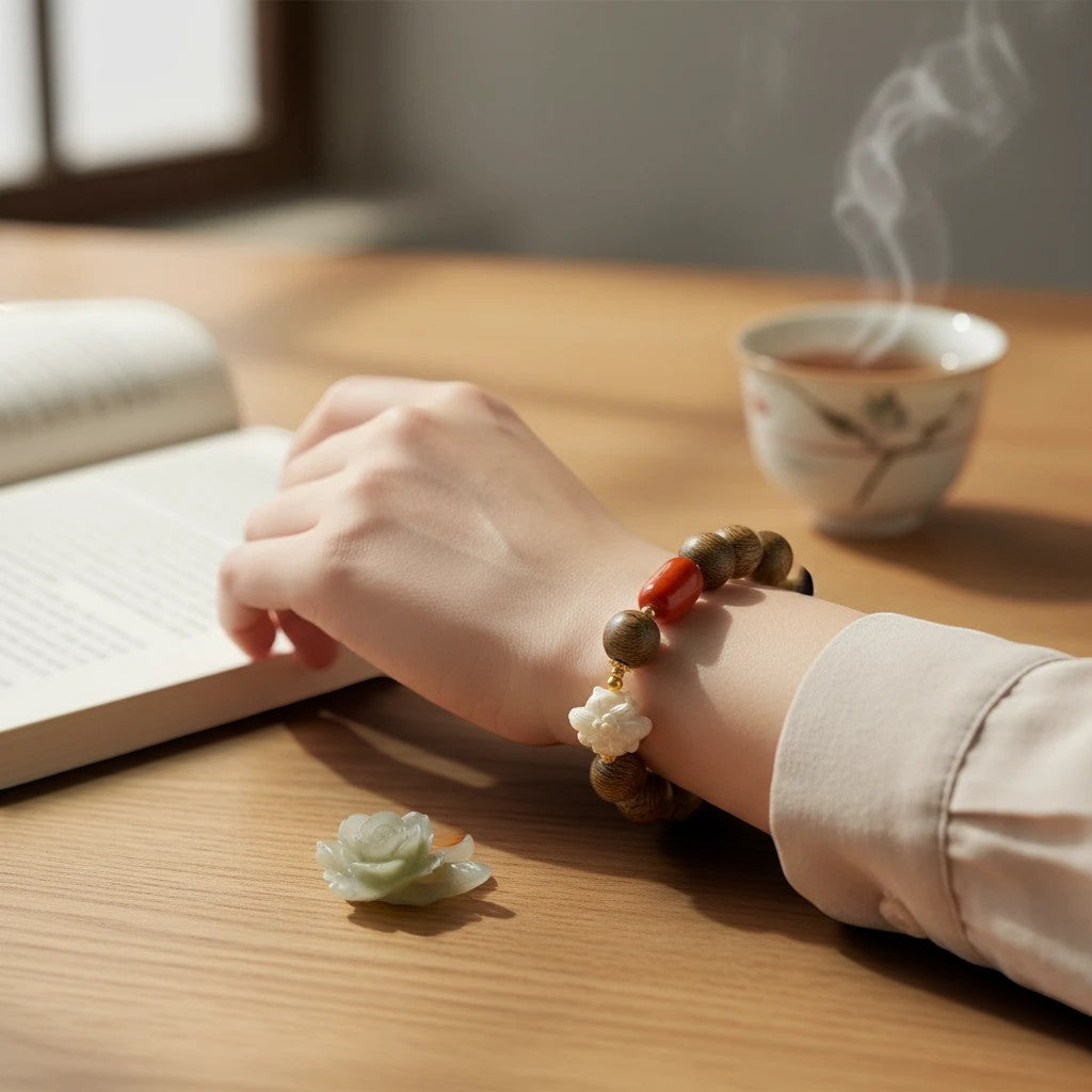Sylvia Jewelry agarwood bracelet with Nanhong agate and carved white blossom on a wrist near a book and tea cup.