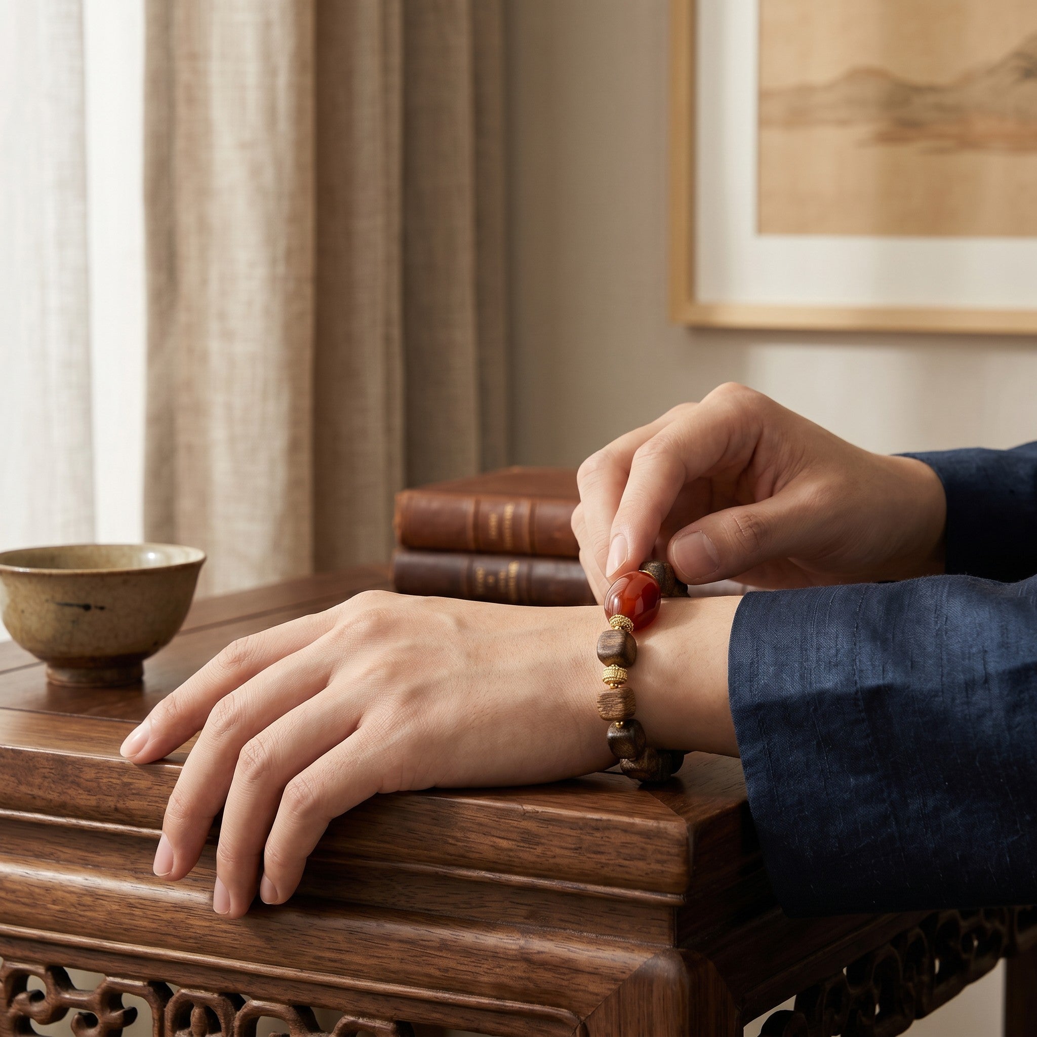 Sylvia Jewelry agarwood cubic block bracelet with a red Nanhong agate barrel bead and gold spacers on a person's wrist.