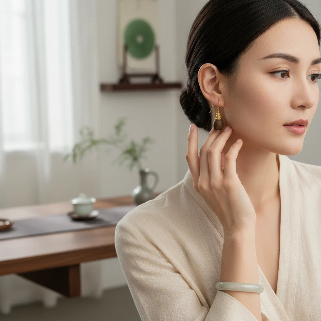 Sylvia Jewelry agarwood drop earrings with crystal-paved gold caps worn by a woman in a minimalist beige outfit.