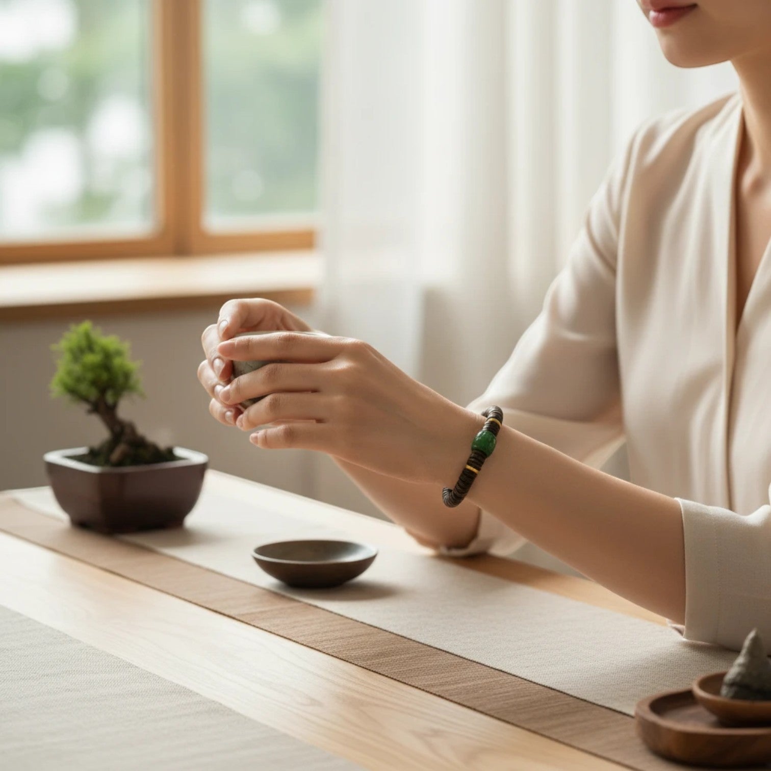 Sylvia Jewelry Rooted Spirit bracelet with agarwood beads and a carved green jade cylinder on a woman's wrist.