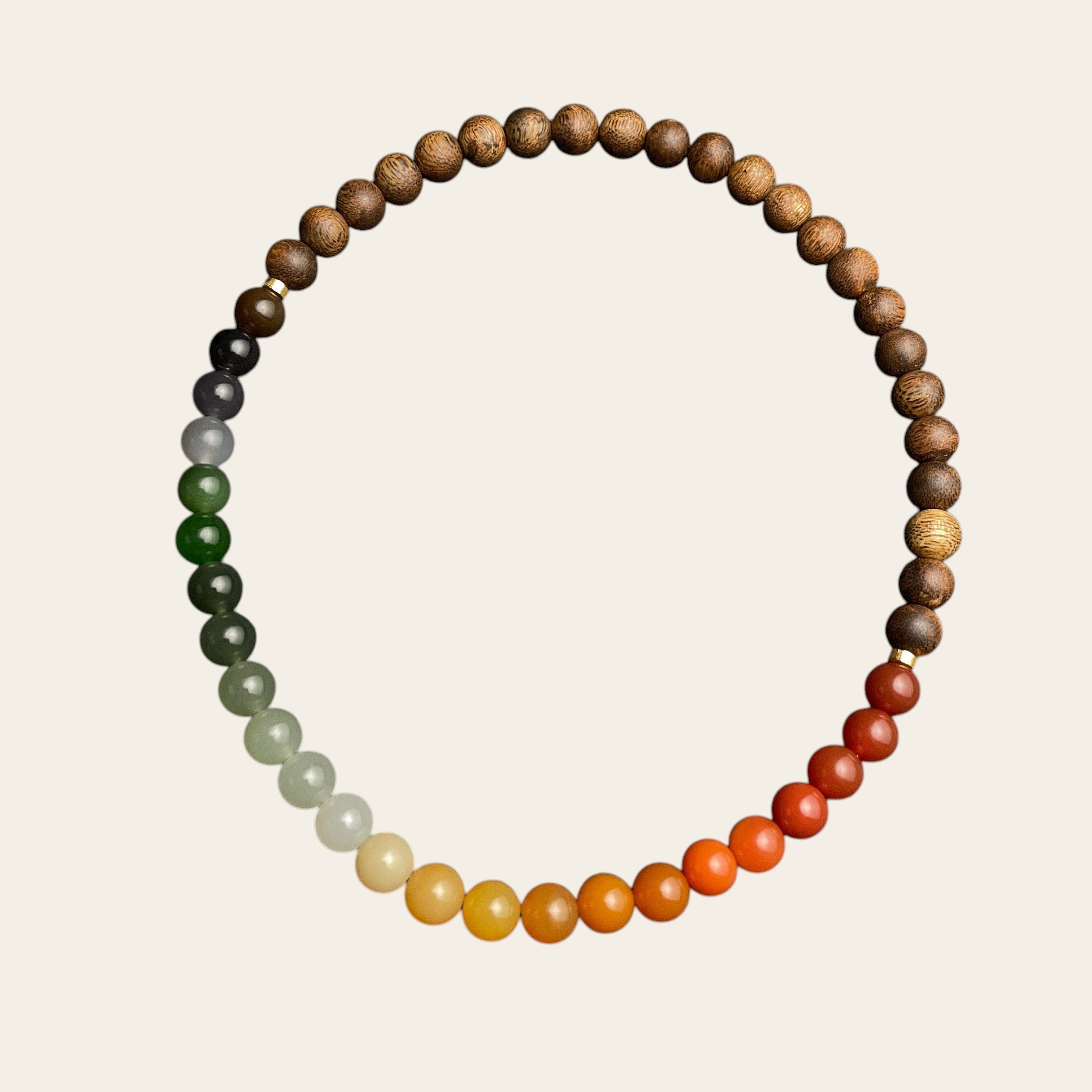 Sylvia Jewelry multi-wrap bracelet featuring natural agarwood beads and a gradient of multi-colored Hetian nephrite jade