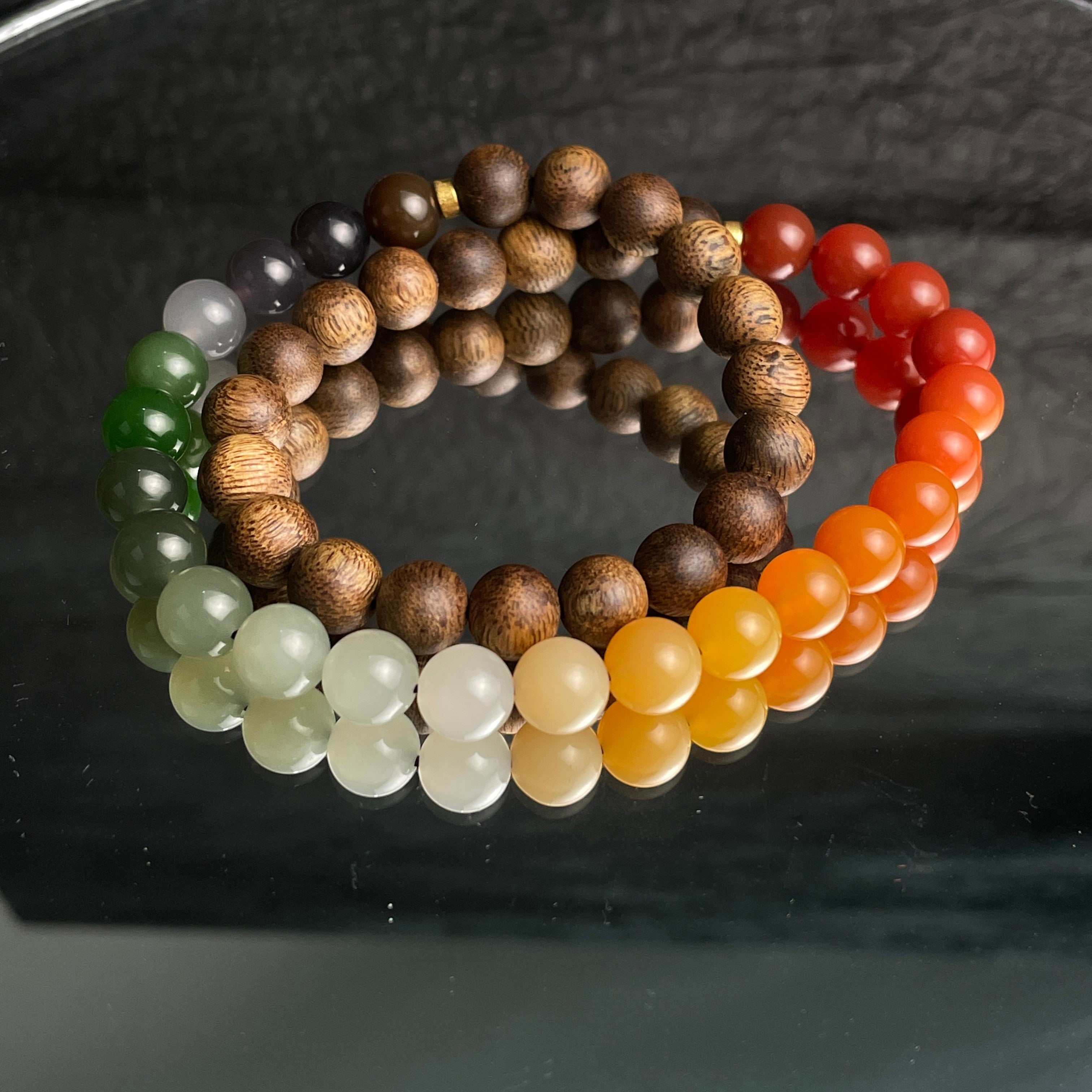 Sylvia Jewelry multi-wrap bracelet featuring natural agarwood beads and a gradient of multi-colored Hetian nephrite jade.
