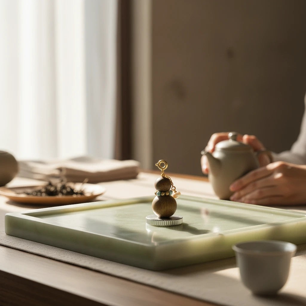 Sylvia Jewelry agarwood Wu Lou charm with turquoise and pearl accents on a jade tray in a serene tea setting.