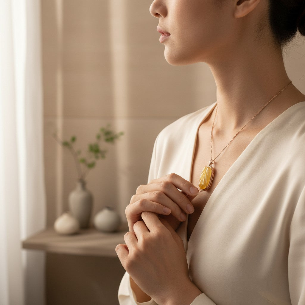 Sylvia Jewelry gold necklace featuring a carved yellow amber pendant worn by a woman in a cream blouse.