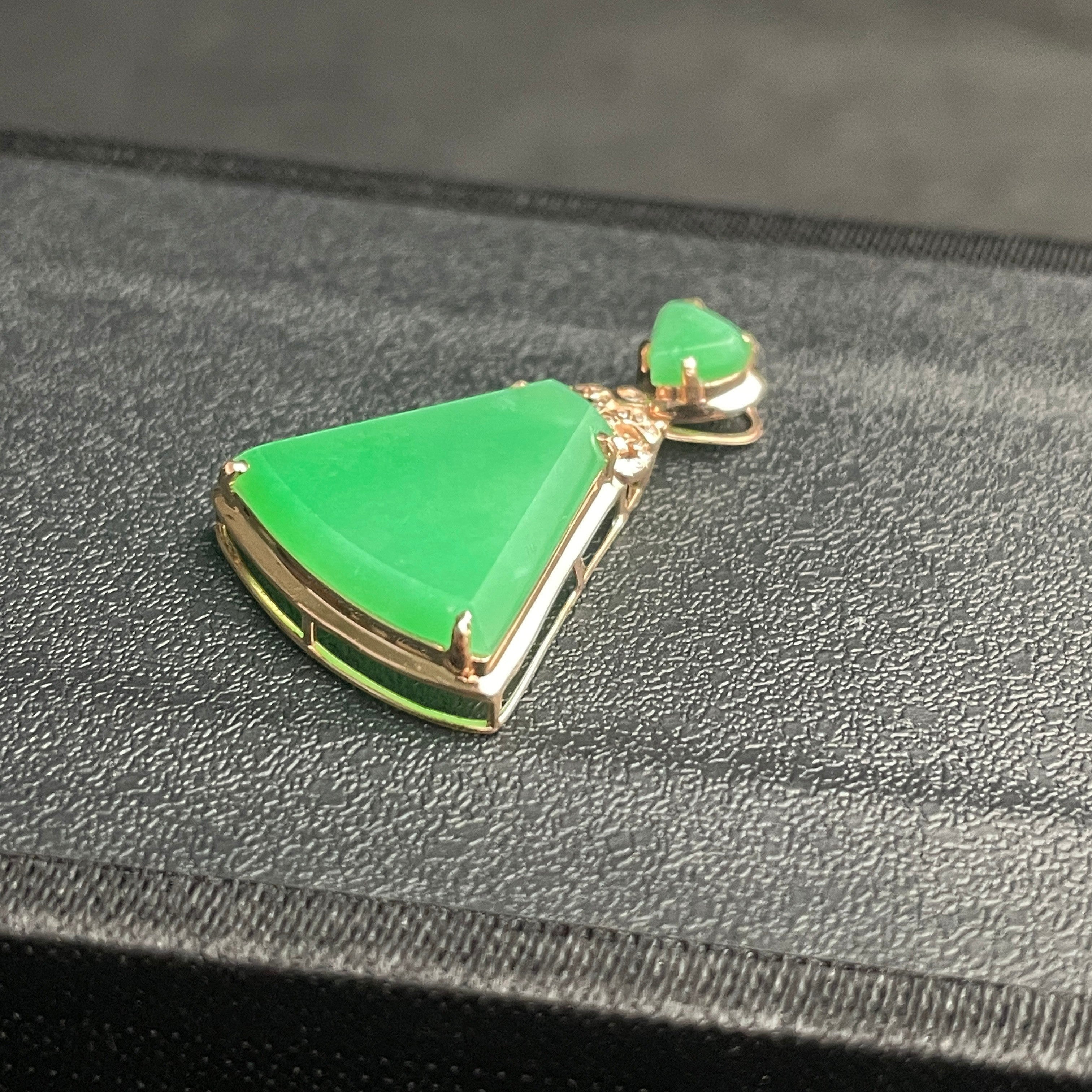 Sylvia Jewelry apple green jadeite trapezoid pendant in 18k gold with diamond accents and a triangle jadeite bail.