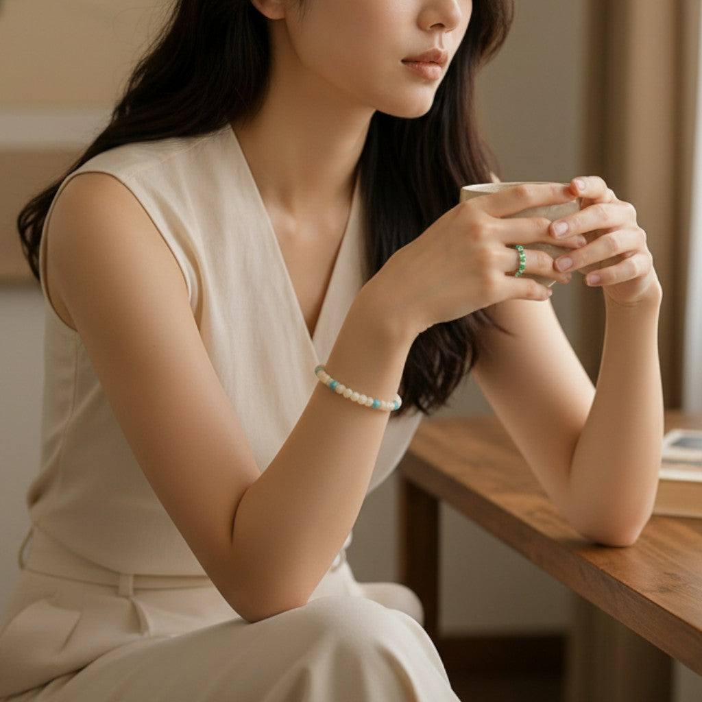 Sylvia Jewelry beaded bracelet and green ring worn by a woman in a beige outfit holding a cup in a serene room.