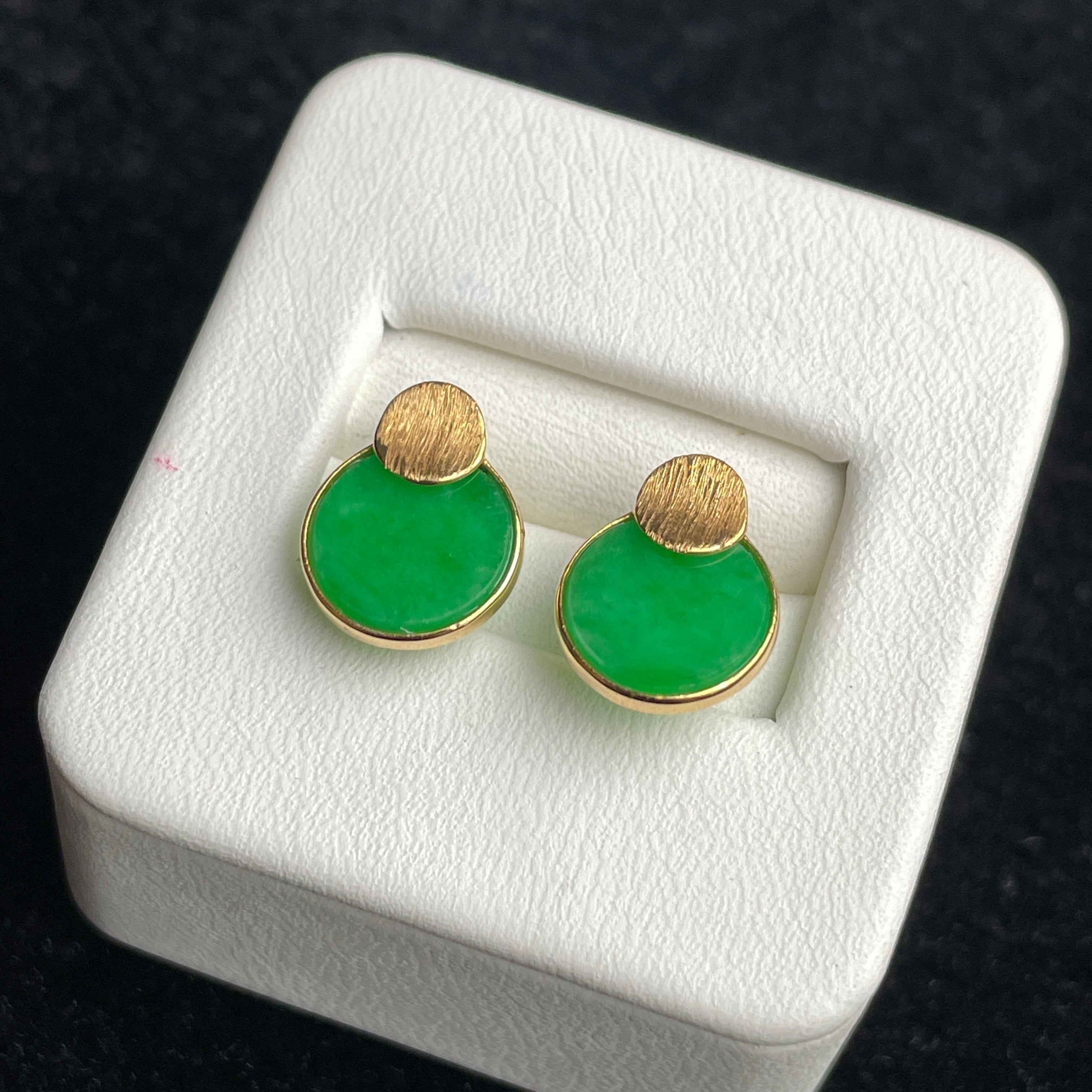 Sylvia Jewelry 18K gold and green jadeite disc drop earrings with a brushed gold stud finish.