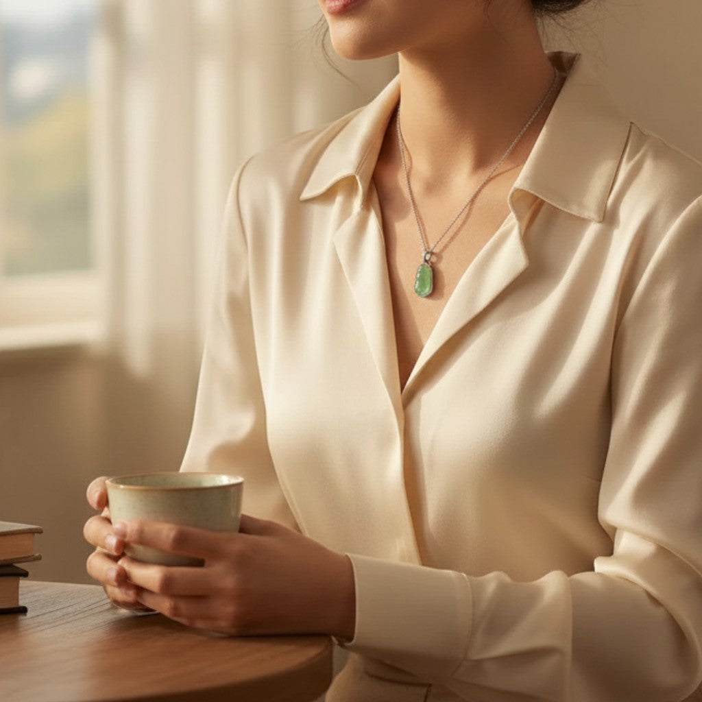 Sylvia Jewelry 18K gold green jadeite bean pendant with diamond floral bail worn by a woman in a cream silk blouse.
