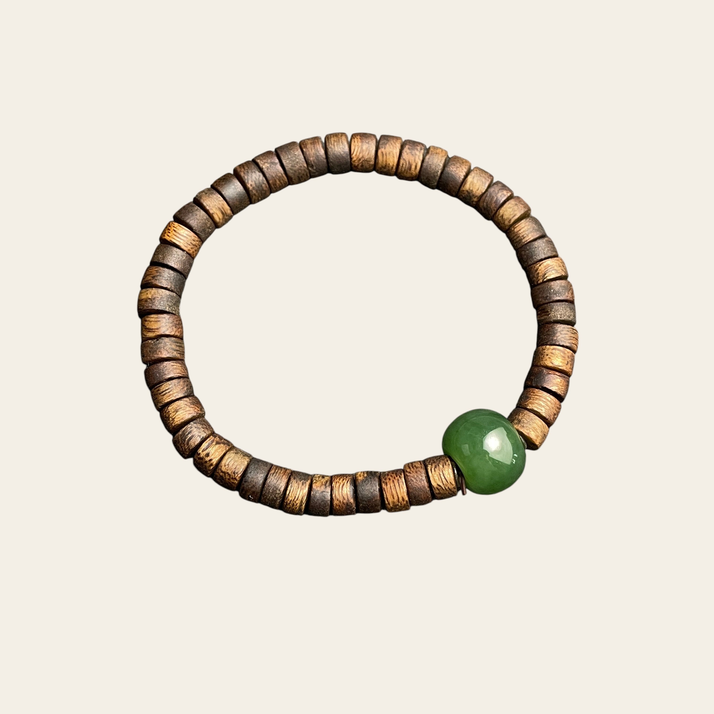 Sylvia Jewelry bracelet featuring a deep green Hetian nephrite jade bead and natural aromatic agarwood abacus spacers.