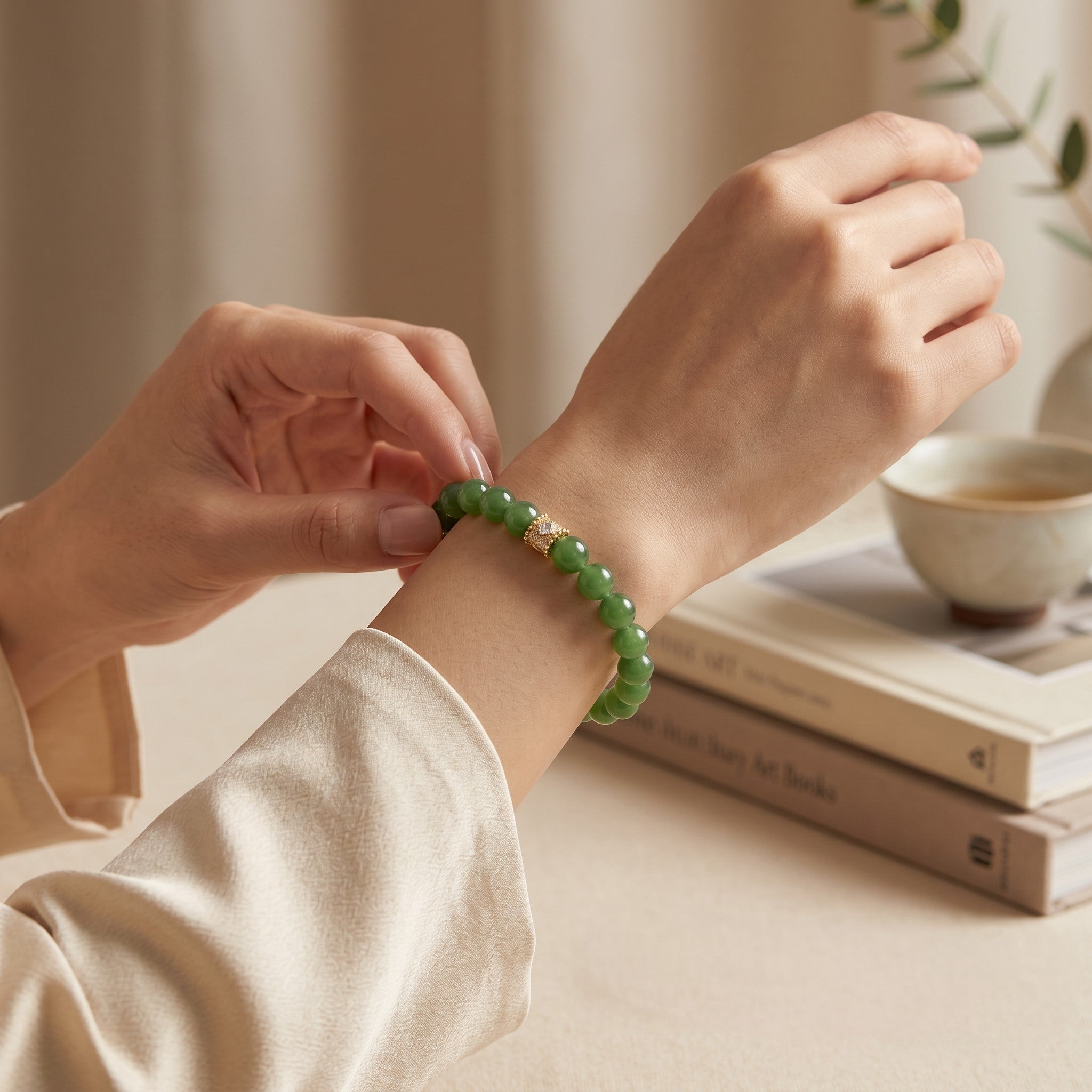 Sylvia Jewelry green jade beaded bracelet with gold accent, worn on a woman's wrist.