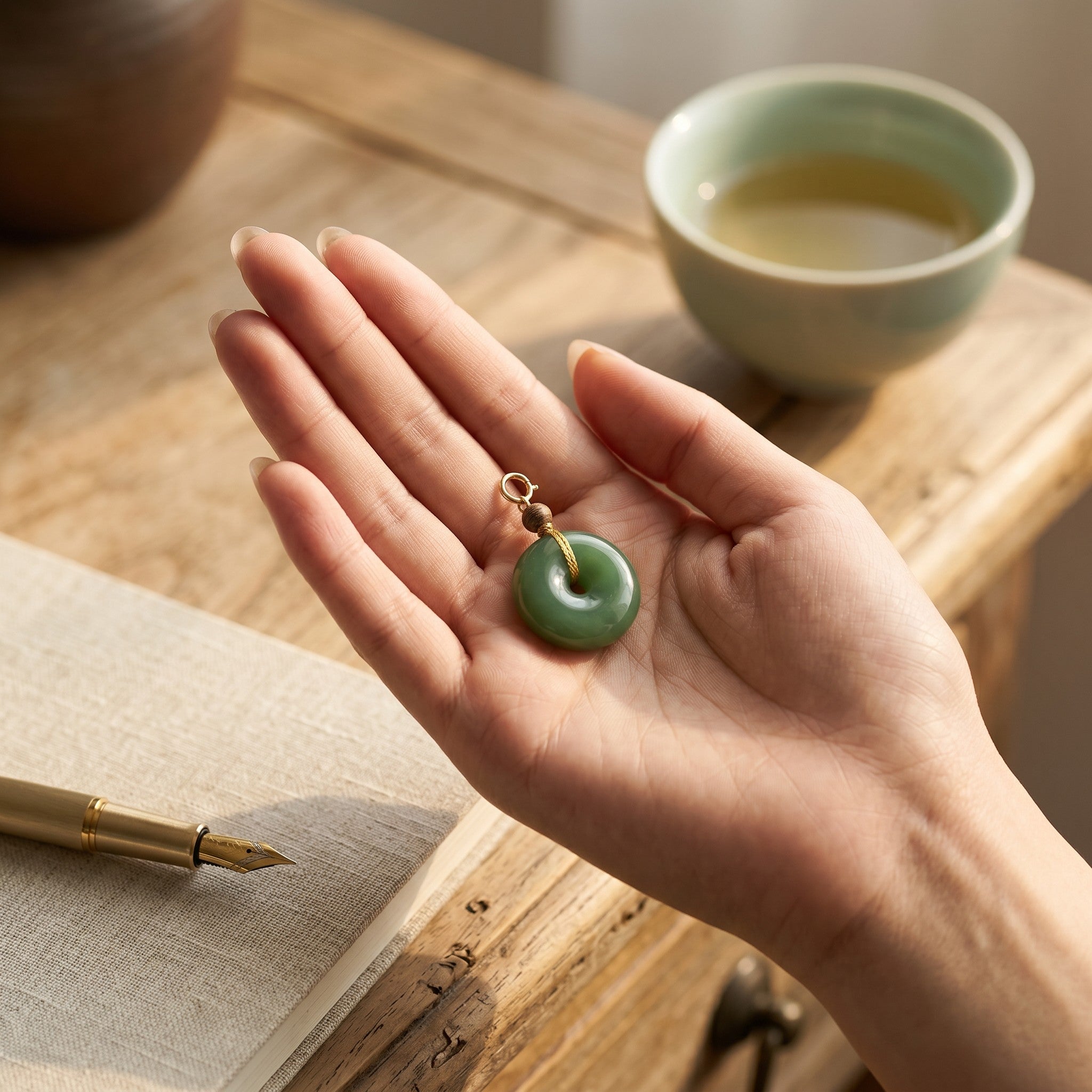 Sylvia Jewelry green jade donut pendant held in a palm, featuring a gold bail and brown cord on a wooden desk.