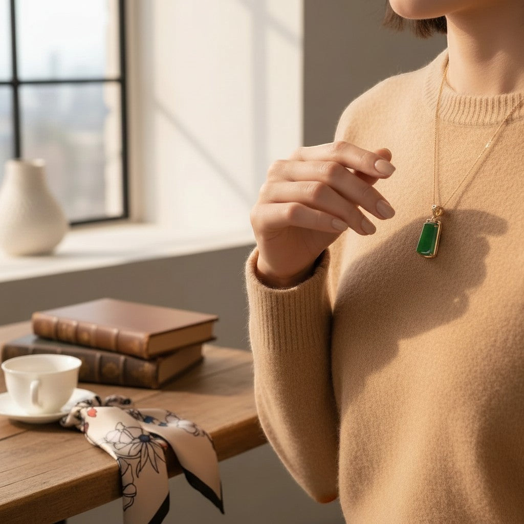Woman wearing a Sylvia Jewelry gold necklace with a rectangular green jade pendant over a beige sweater.