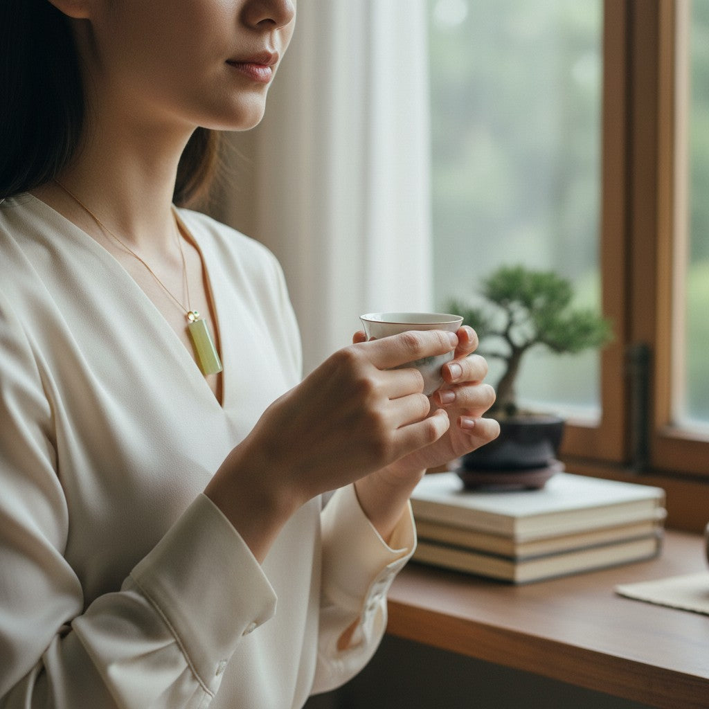 Woman wearing a Sylvia Jewelry green jade pendant necklace with a gold chain while holding a tea cup by a window.