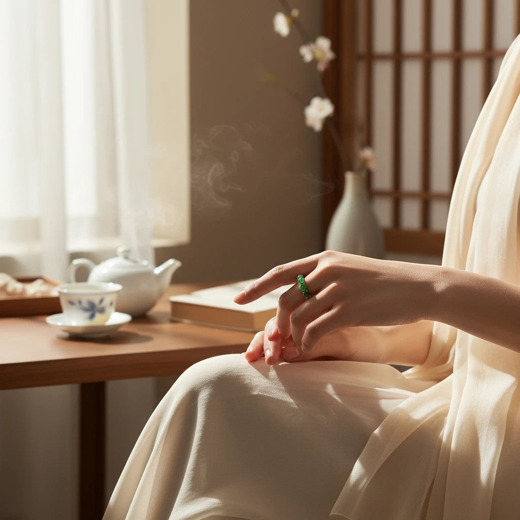 Sylvia Jewelry green jade band ring worn by a woman in a serene, sunlit room with a tea set and flowers.