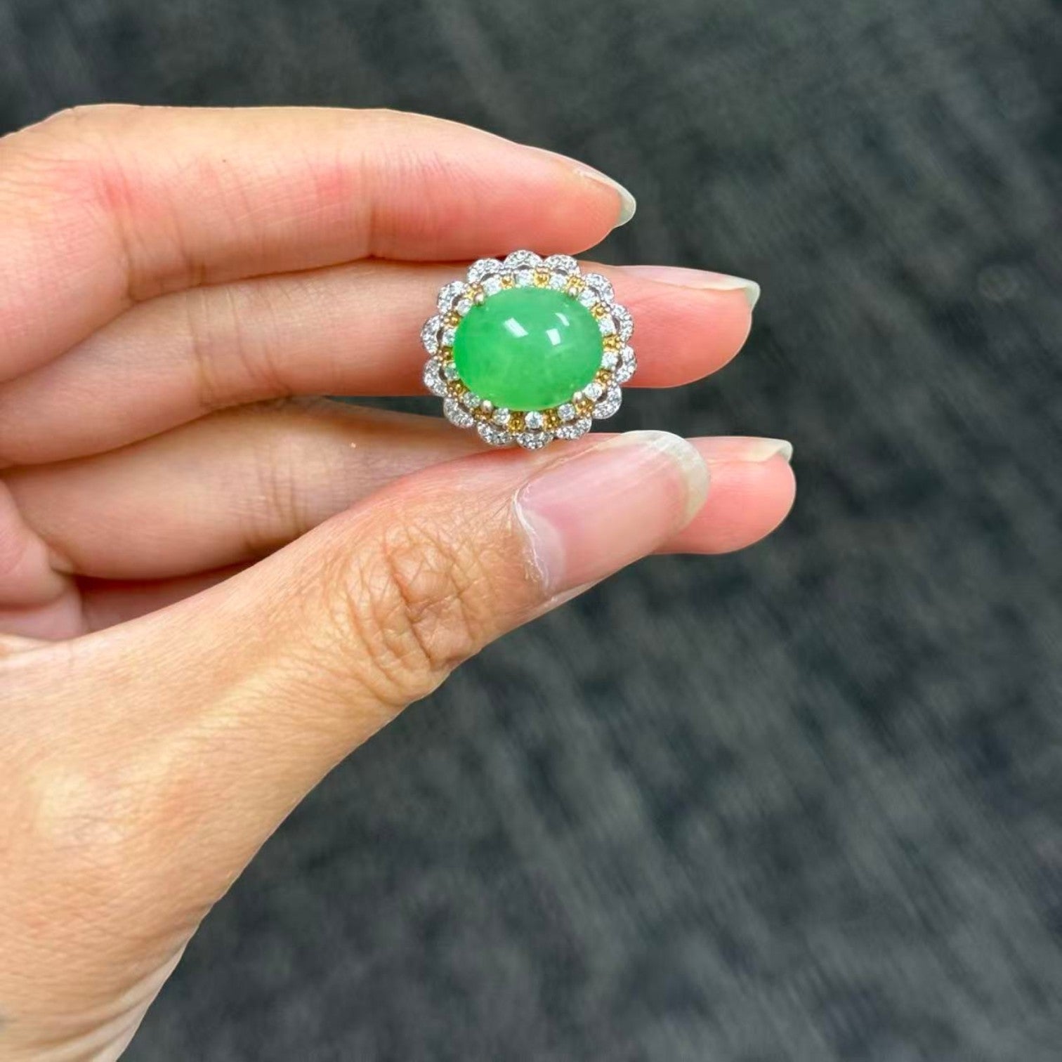 Sylvia Jewelry apple green jadeite halo ring with micro-pavé crystals set in two-tone gold-plated sterling silver.