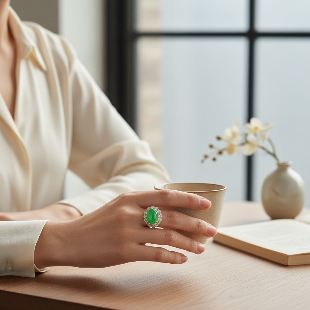 Sylvia Jewelry apple green jadeite halo ring with micro-pavé crystals on a woman's hand holding a ceramic cup.