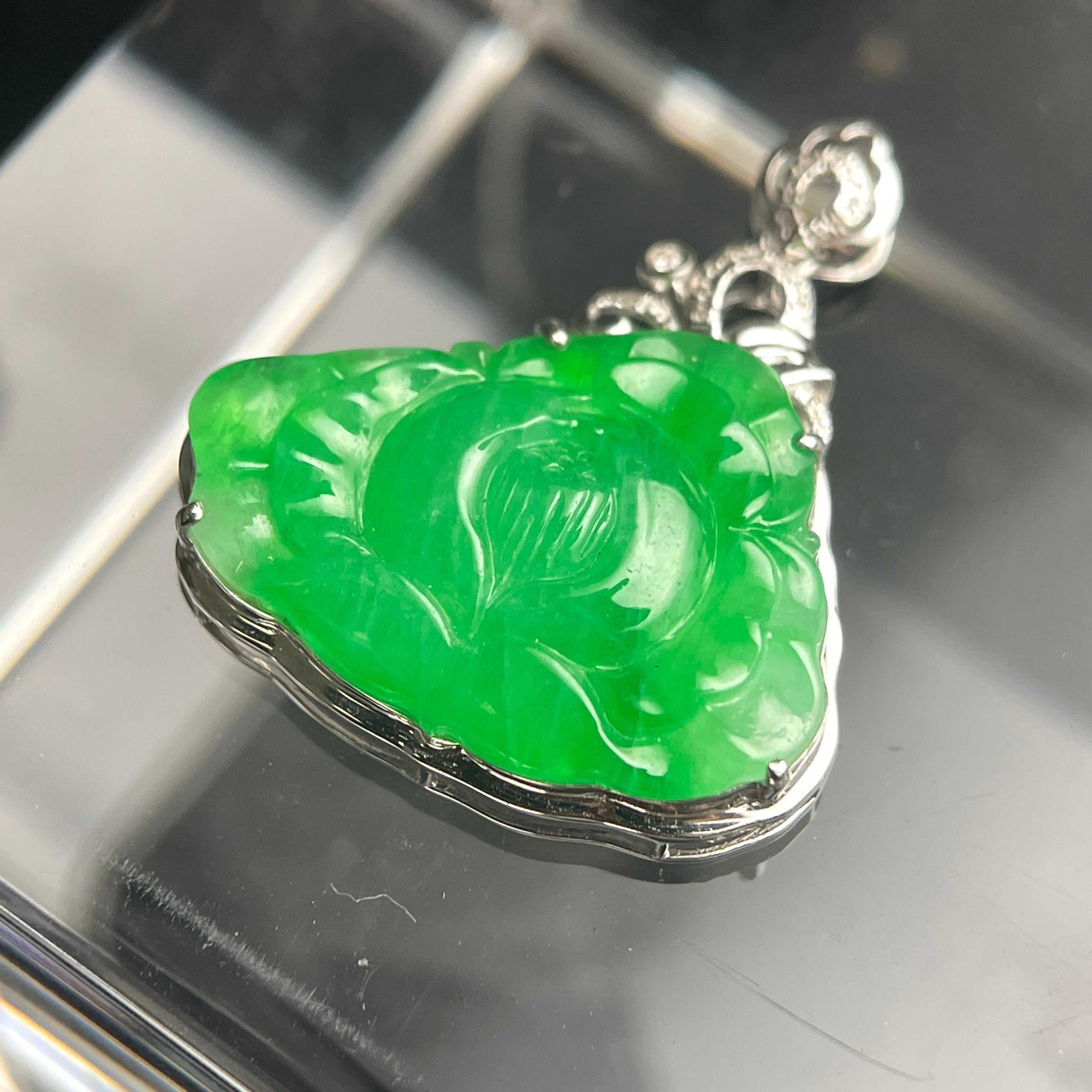 Sylvia Jewelry bright green jadeite jade lotus pendant hand-carved in polished 18K gold setting