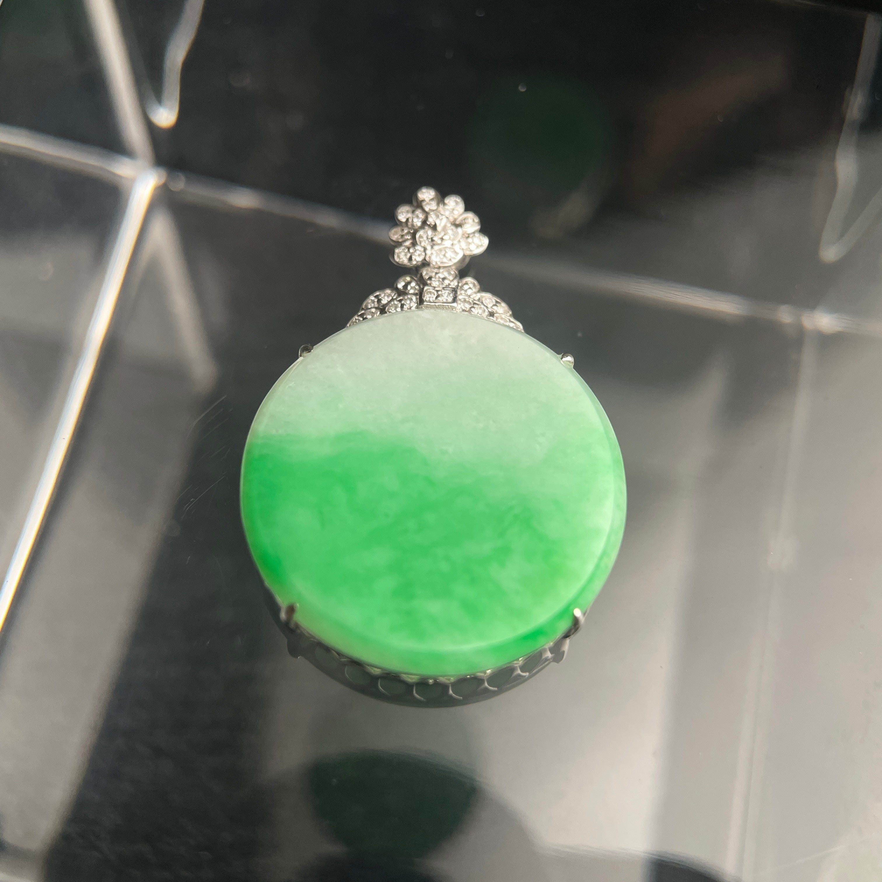 Sylvia Jewelry bright green jadeite jade pendant plaque in an 18K gold setting with diamond accents