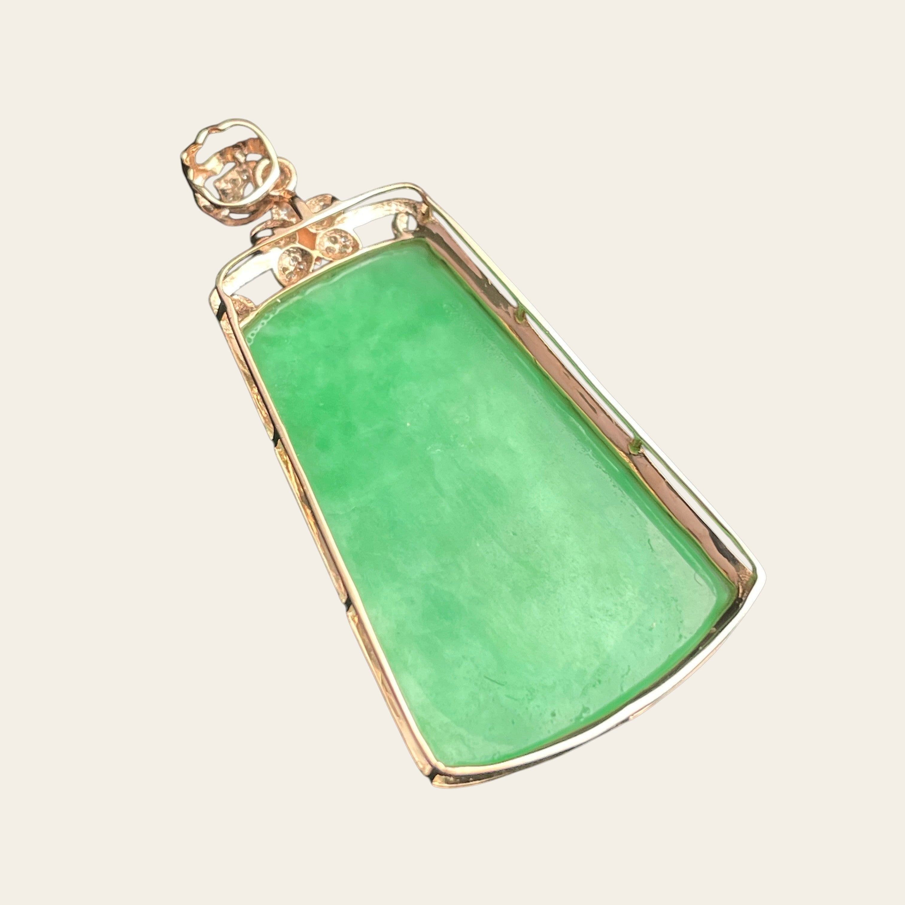 Sylvia Jewelry apple green jadeite trapezoid pendant in 18k gold with diamond accents and a modern geometric design.