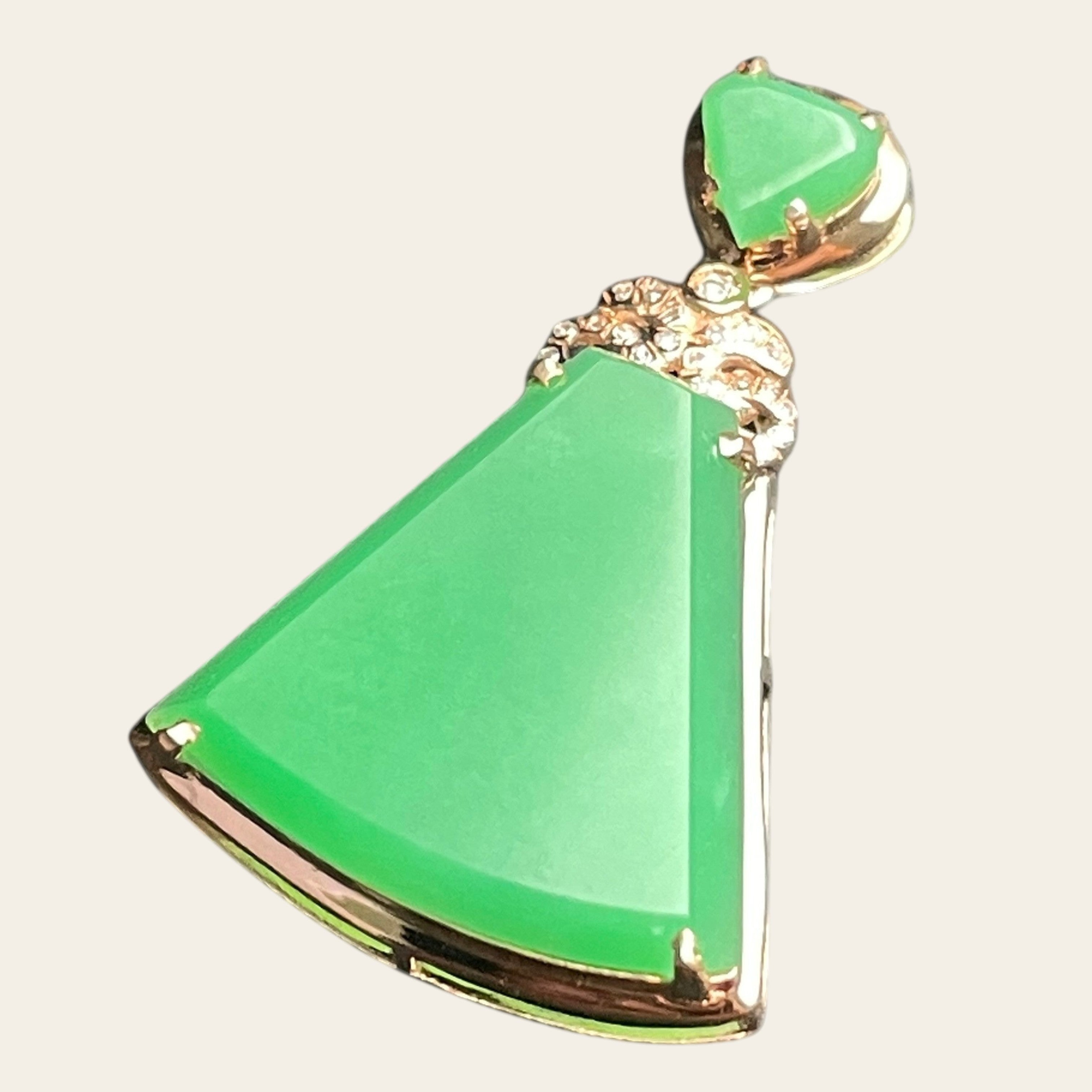 Sylvia Jewelry apple green jadeite trapezoid pendant in 18k gold with diamond accents and a triangle jadeite bail.