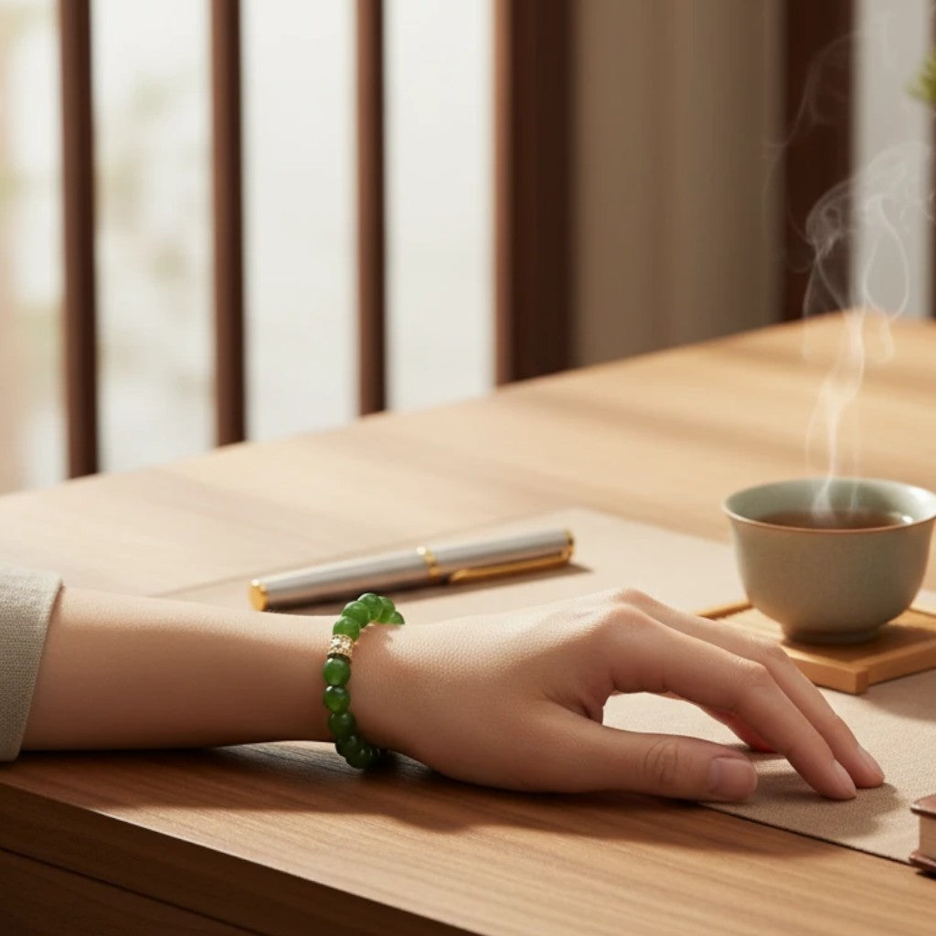 Sylvia Jewelry Imperial Forest bracelet with natural green Hetian jade beads and gold-plated silver accent.