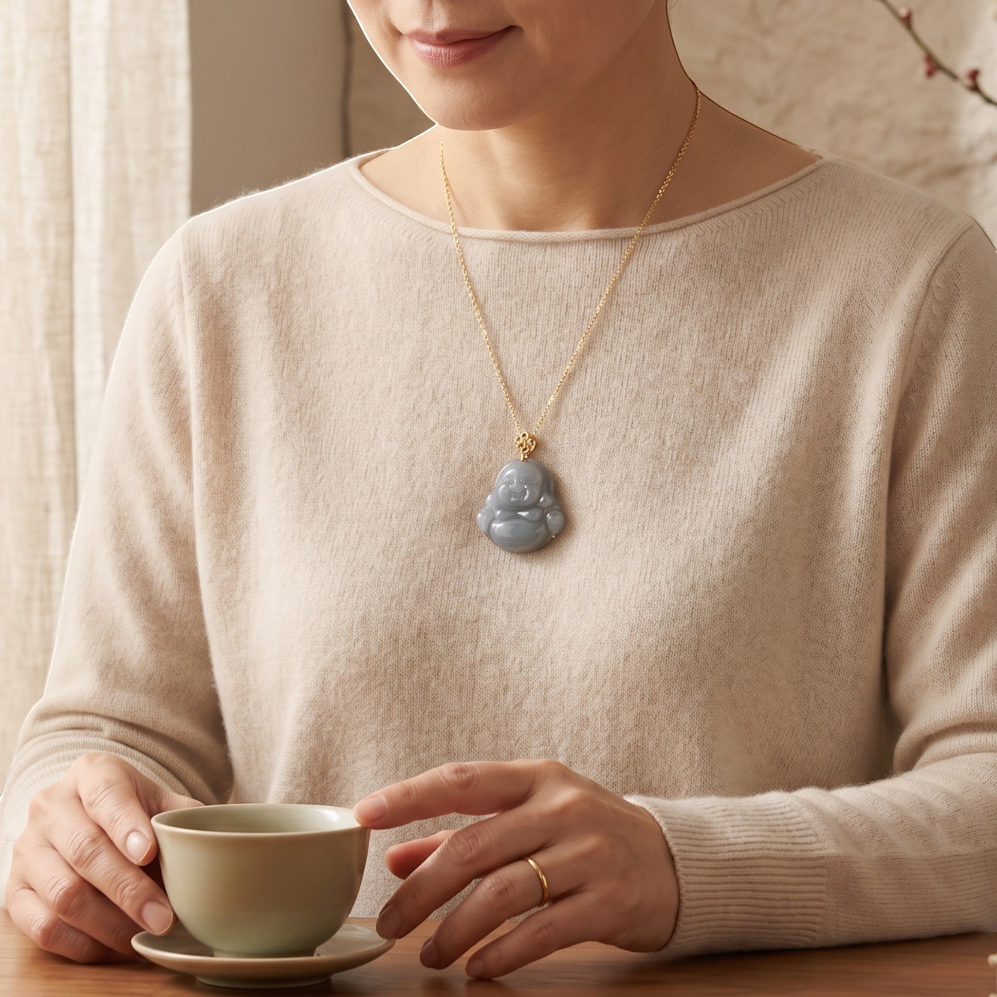 Sylvia Jewelry 冰种弥勒佛吊坠，玉石材质，金色镶嵌，寓意吉祥如意。